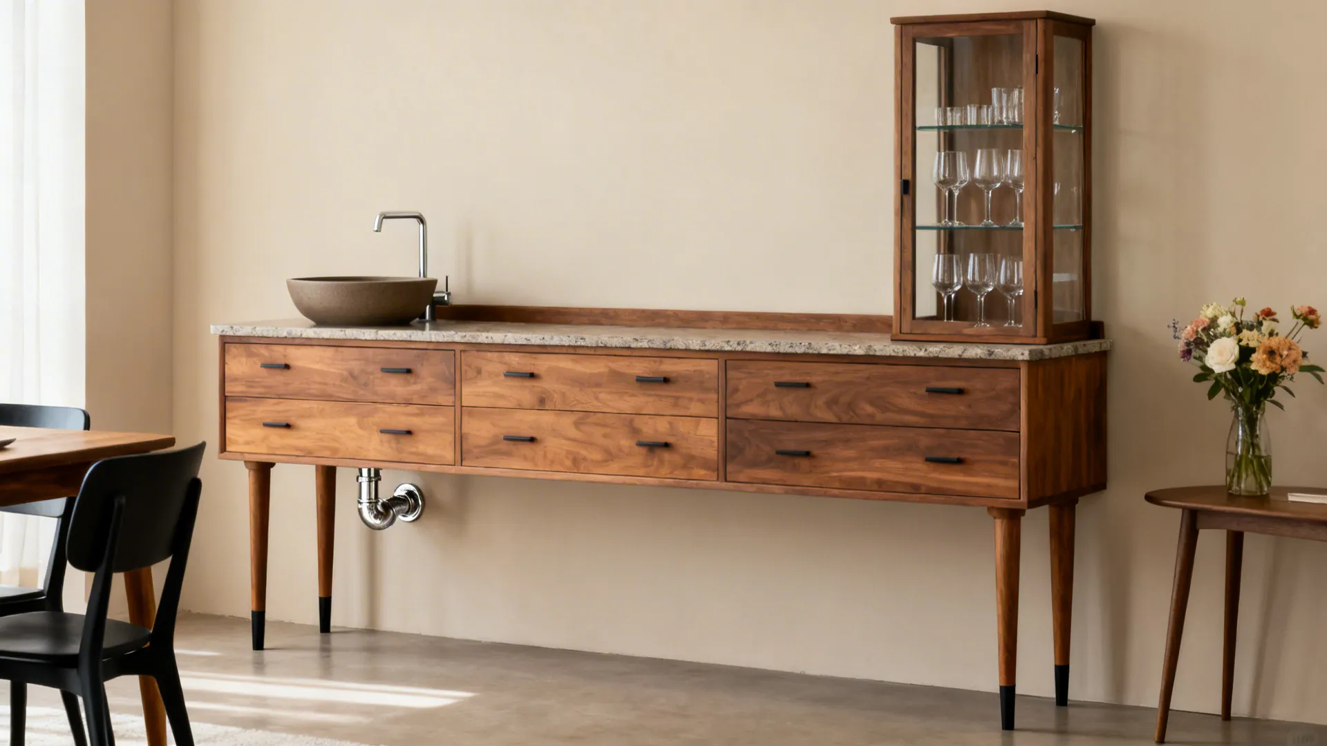 Freestanding wood sideboard with a countertop basin and a slim glass hutch in a cozy dining room.