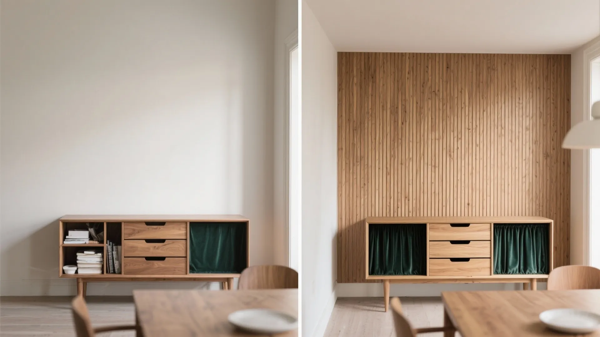 Before and after comparison of a wooden cabinet against a plain wall versus wall panel