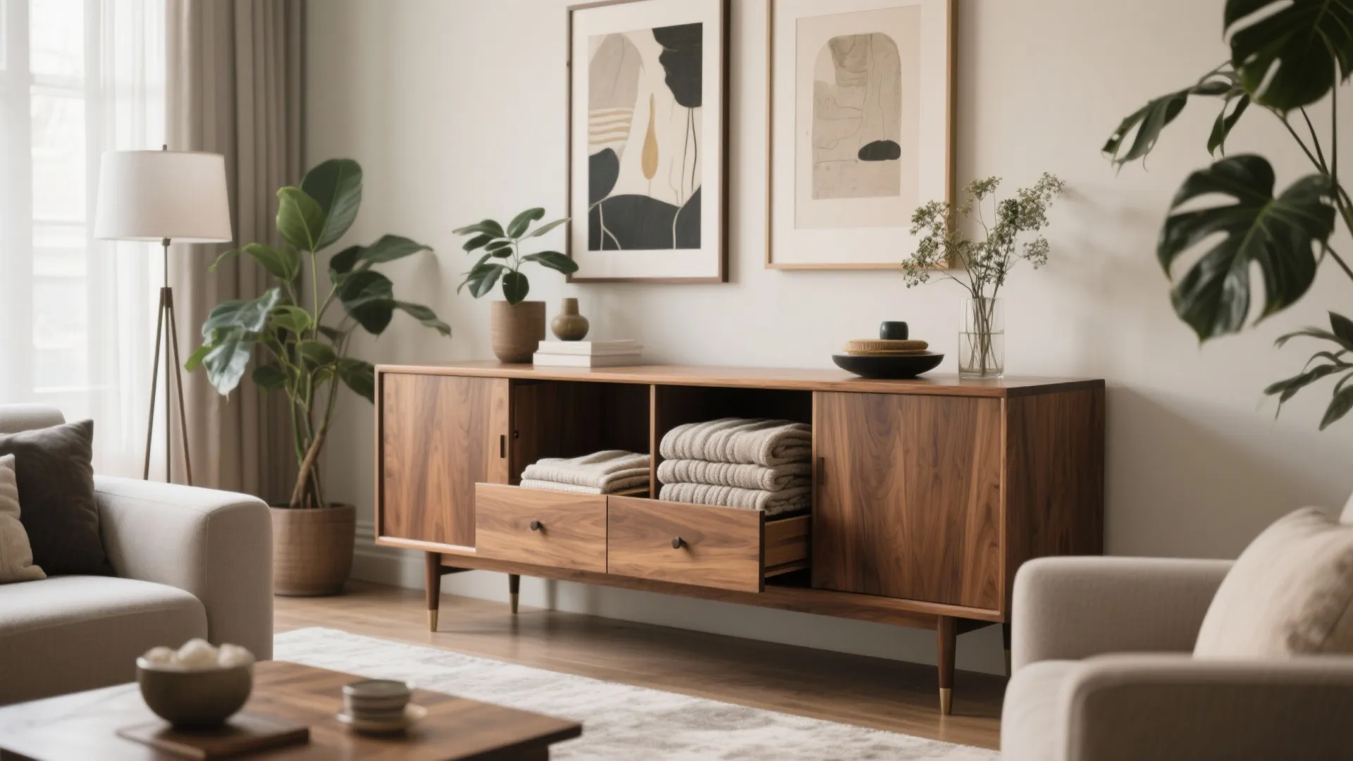 Stylish wooden sideboard with concealed blanket storage