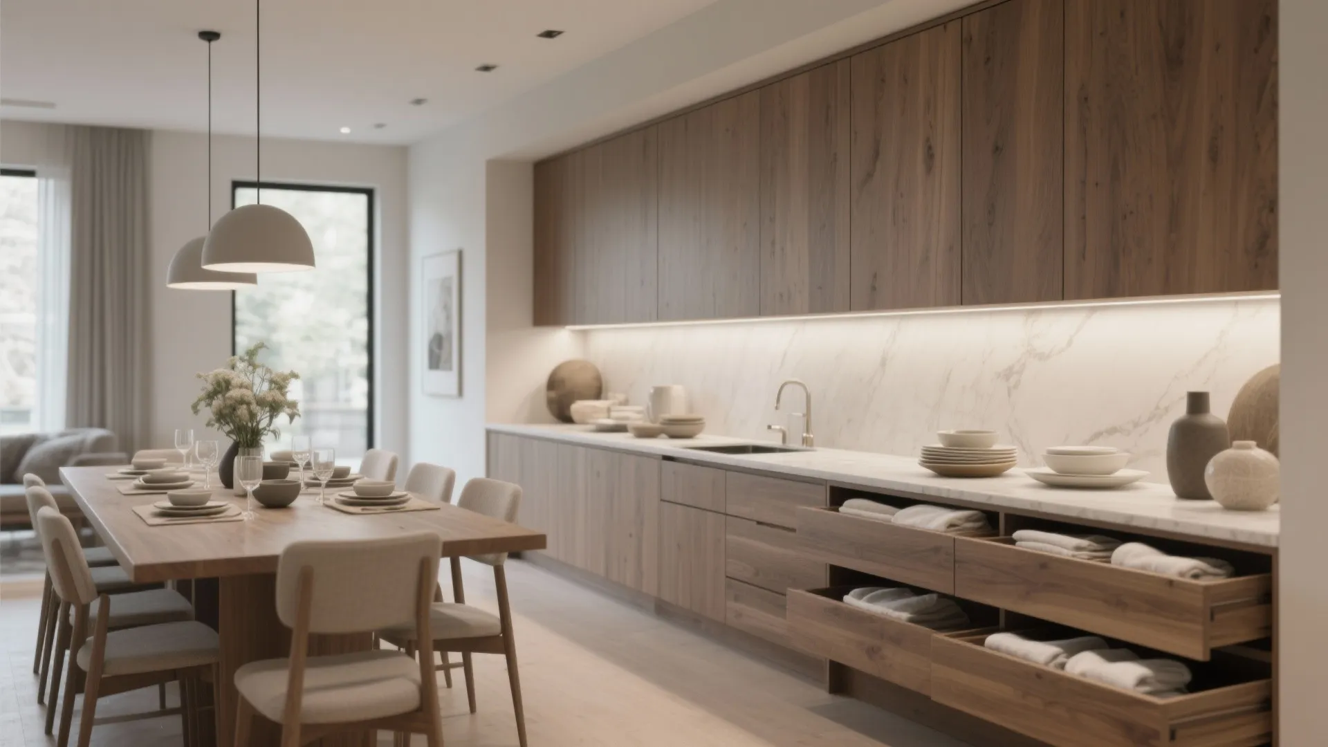 Sideboard-style built-in dining room cabinet with serving counter