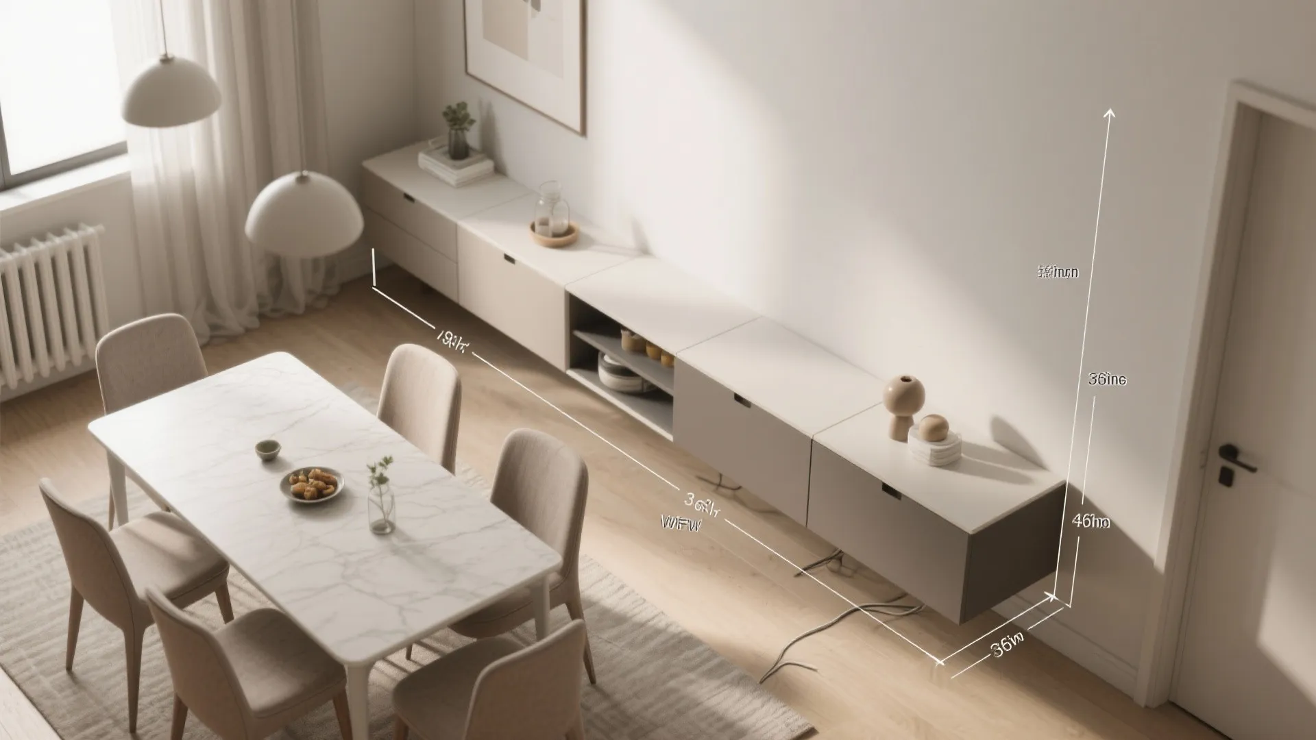 Modern dining area with white marble table, beige chairs, long wall cabinet, and measurement lines