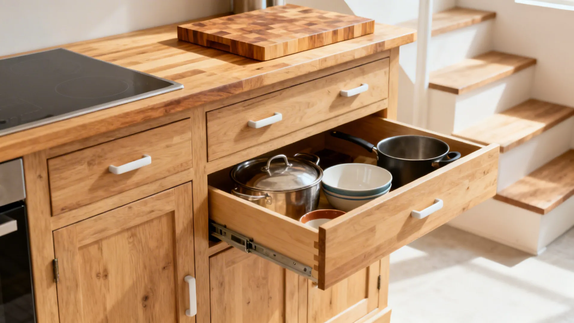 Wooden kitchen island with an open drawer containing stainless steel pots and white ceramic bowls