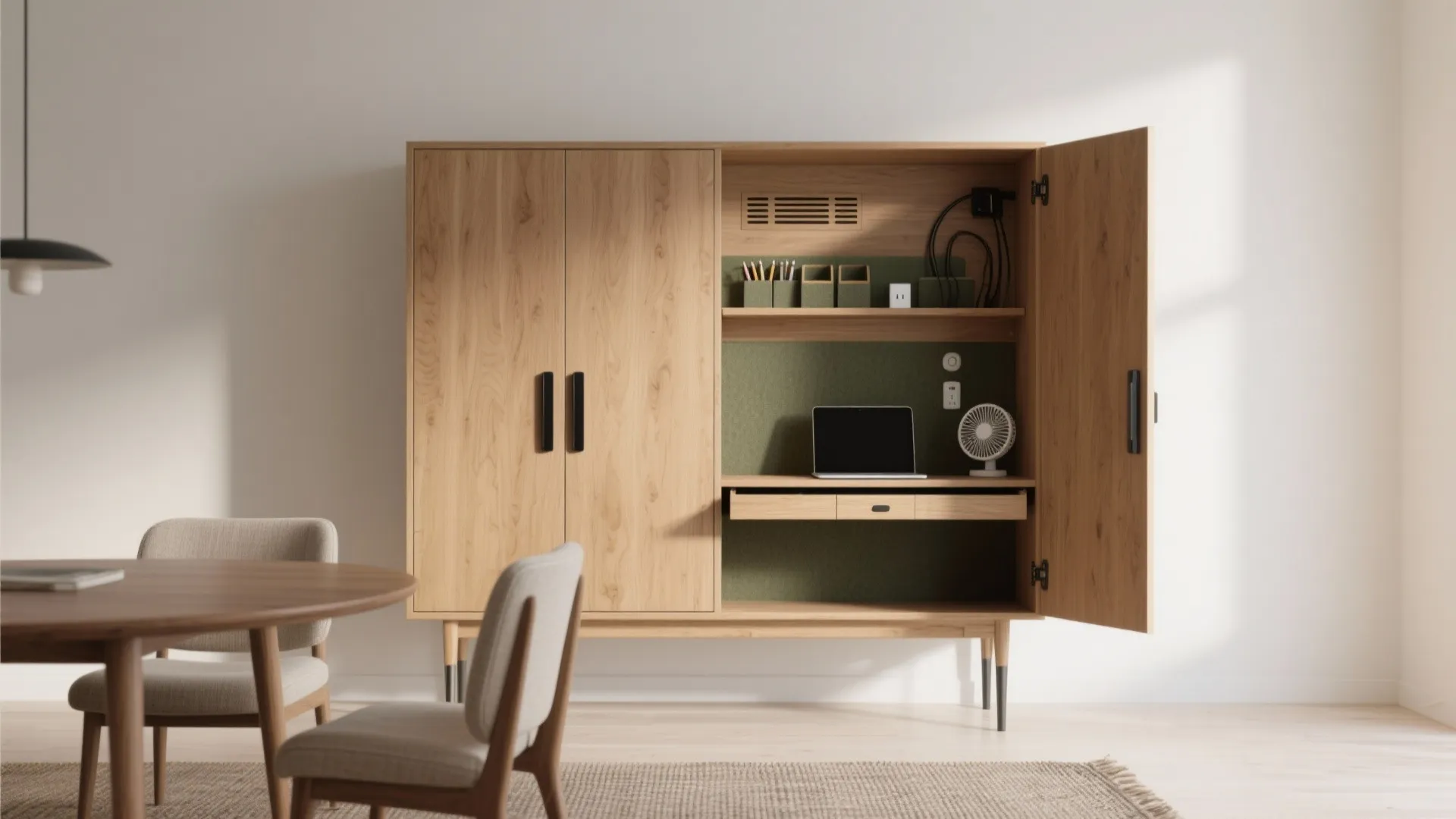 Wooden cabinet opening to reveal a hidden home office desk with laptop and small desk fan