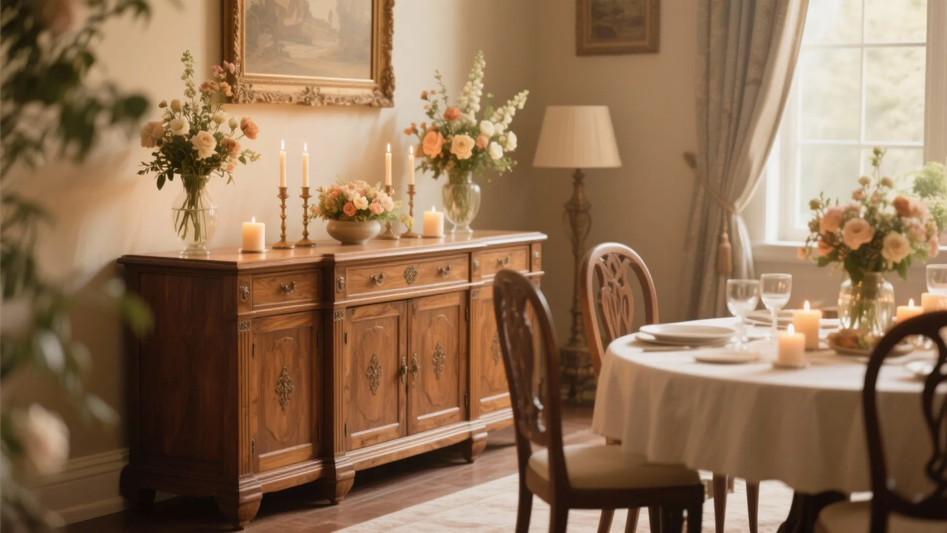 Wooden cabinet with flowers and candles next to a dining table with a white cloth