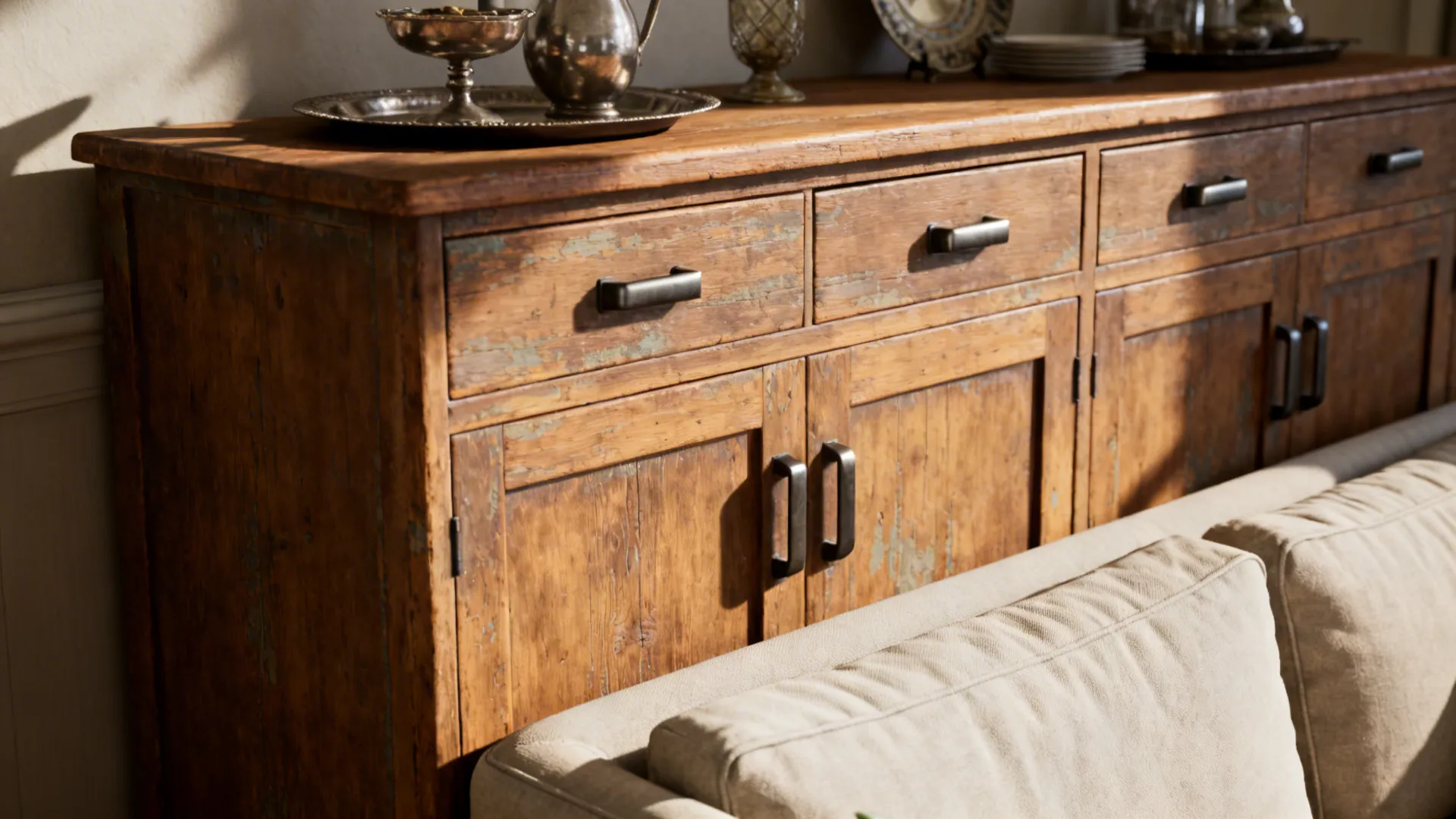 Slim vintage sideboard behind a sofa used as a visual divider and serving buffet in a small open-plan space.