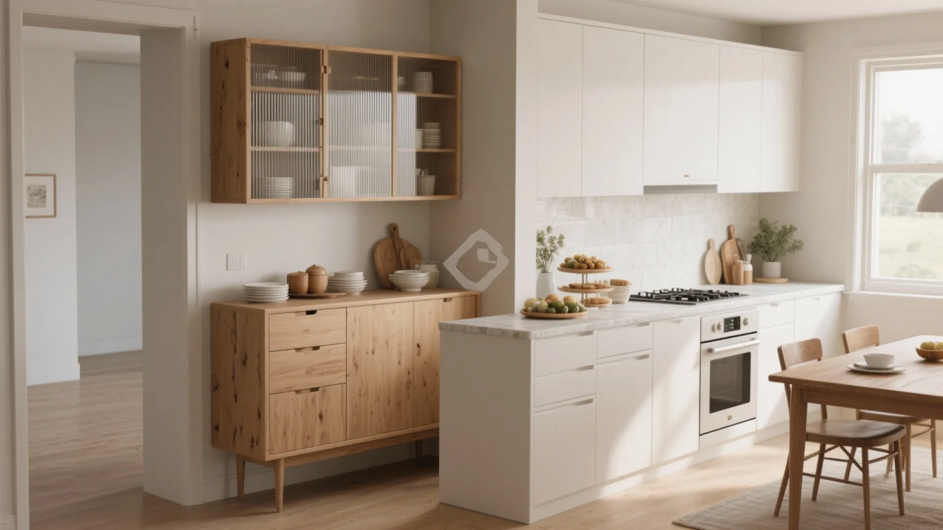 Modern kitchen with white cabinets, wooden storage unit, marble countertop, and small wooden dining table