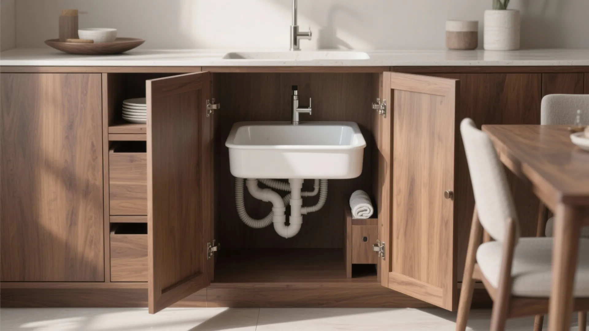 Modern wood kitchen cabinet with open doors showing a hidden white sink and water pipes