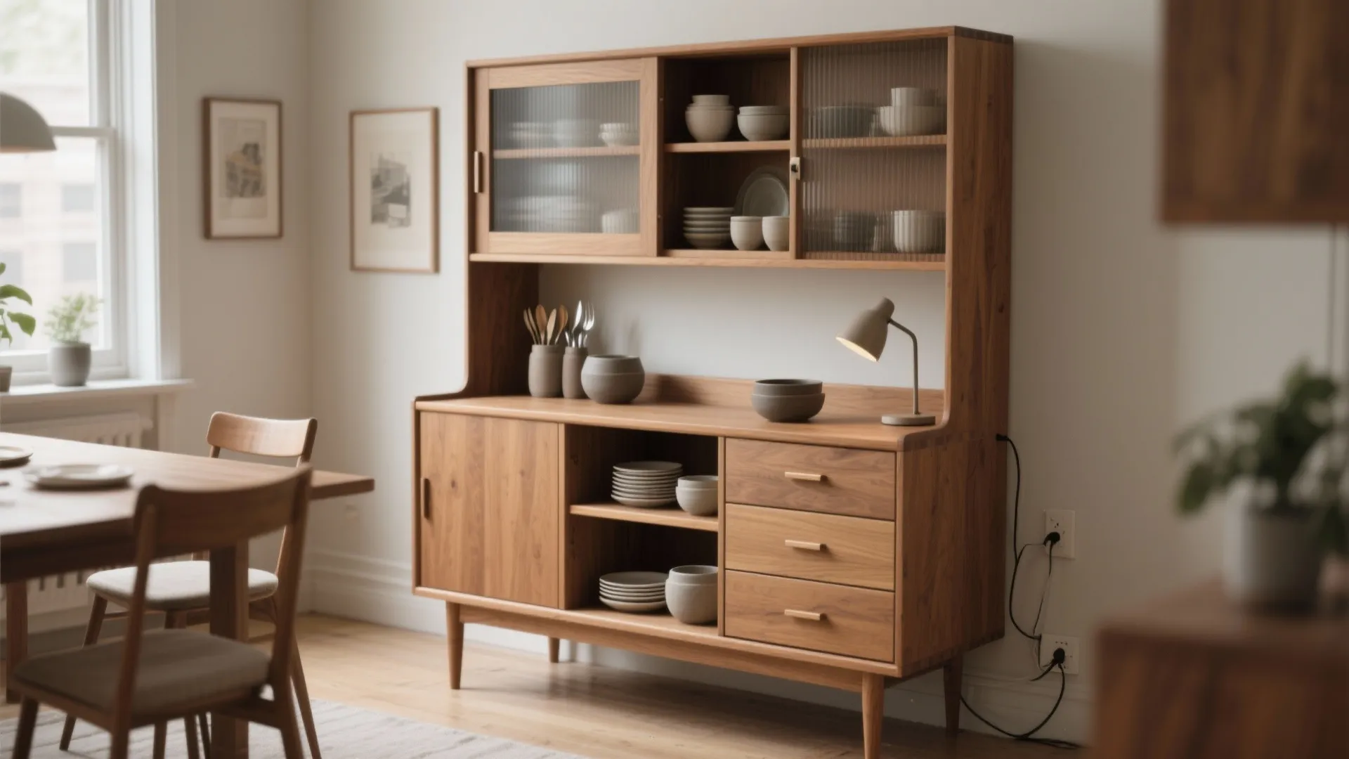 Large wooden cabinet in a dining room holding various dishes with a small desk lamp