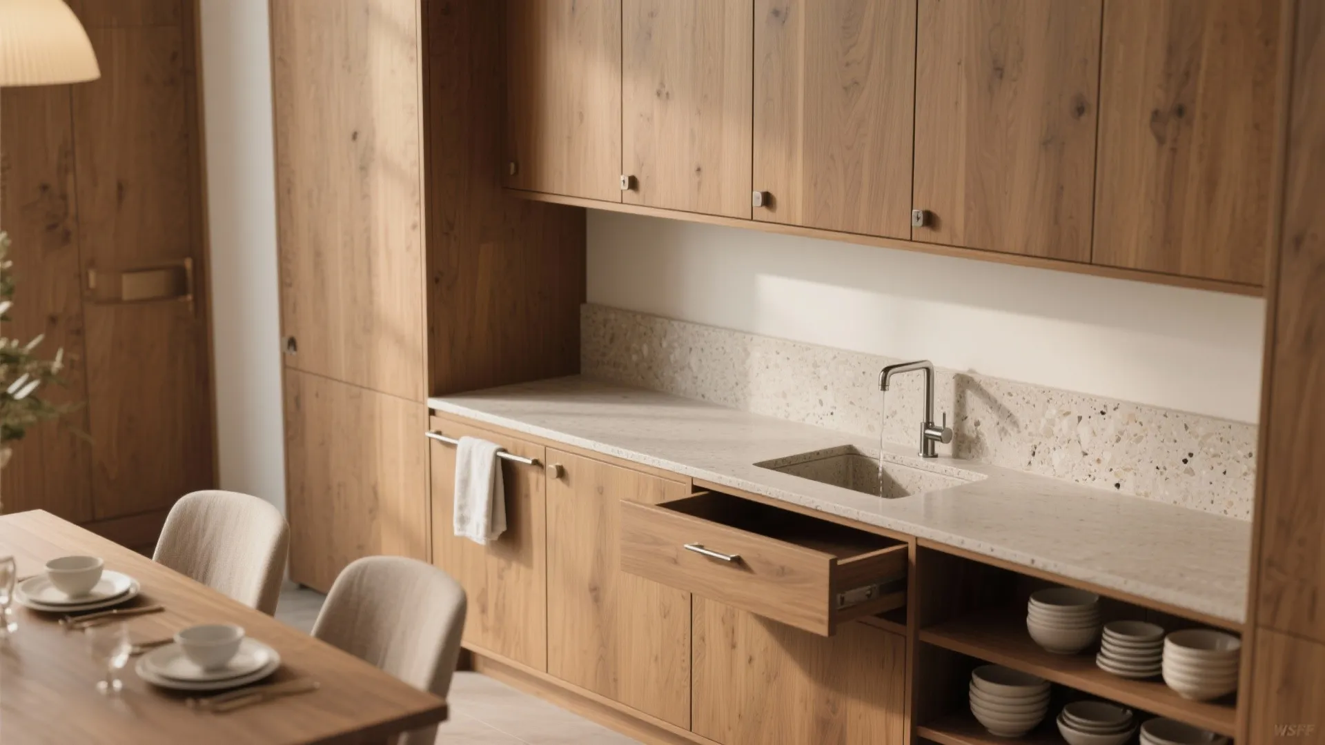 Modern kitchen with wood cabinets stone countertop integrated sink open drawer and dining table set