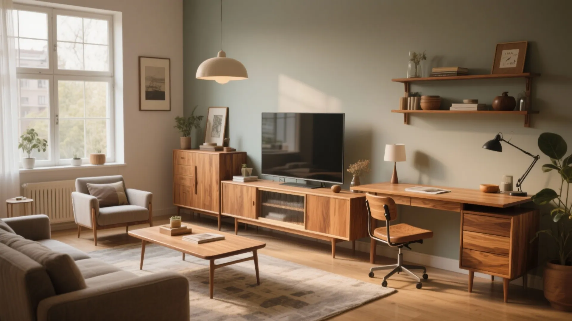 Retro-style sideboard extended into a desk in living room