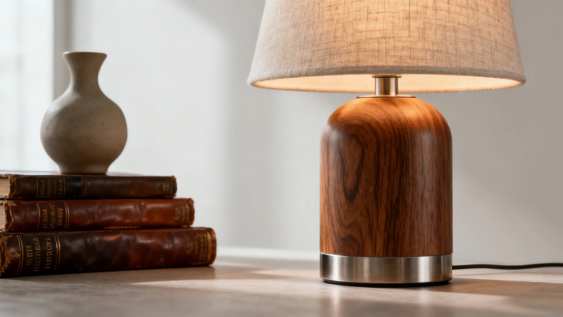 Narrow sideboard with a warm rechargeable table lamp, sculptural vase and books highlighting layered light.