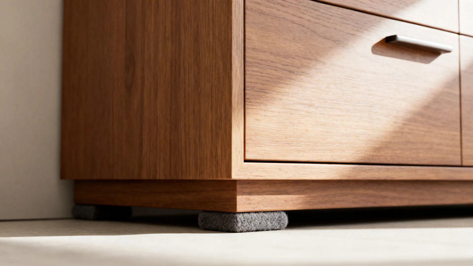 Macro view of a matte oak slim sideboard corner with fine grain and felt pads.