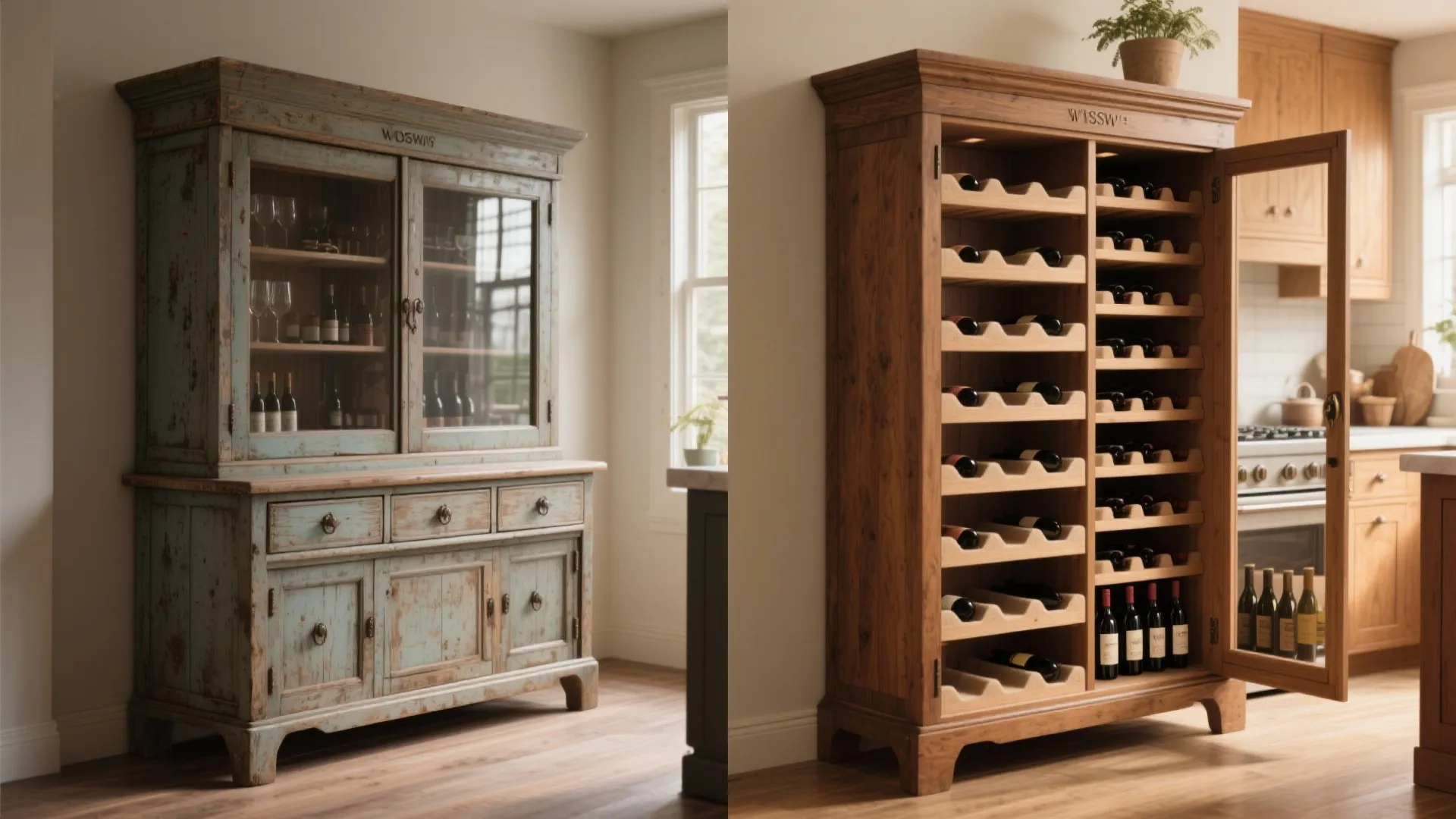 Before and after comparison showing a vintage blue cabinet transformed into a modern wooden cabinet