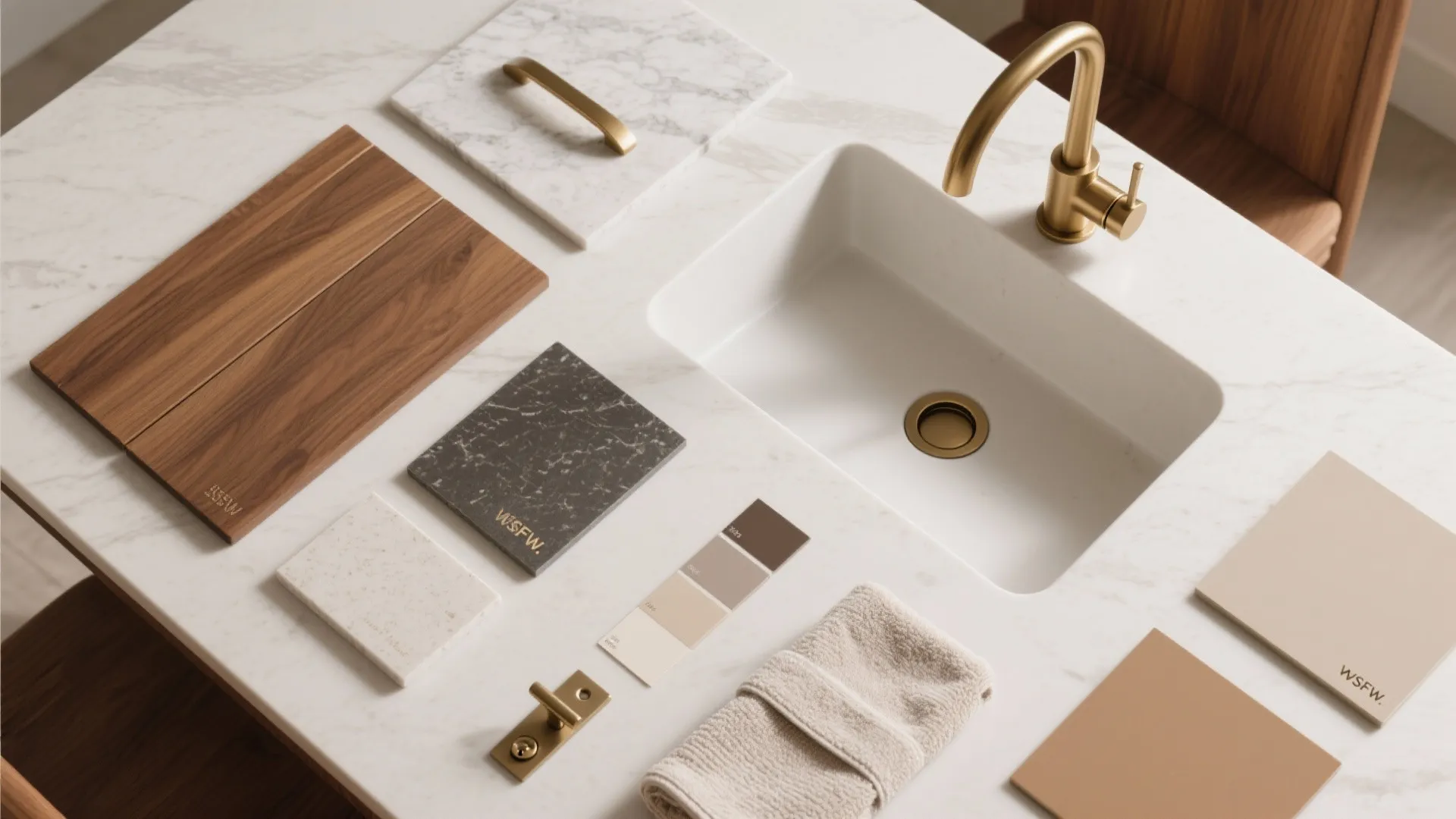 Marble countertop with white sink gold faucet wood samples stone tiles color swatches and towel