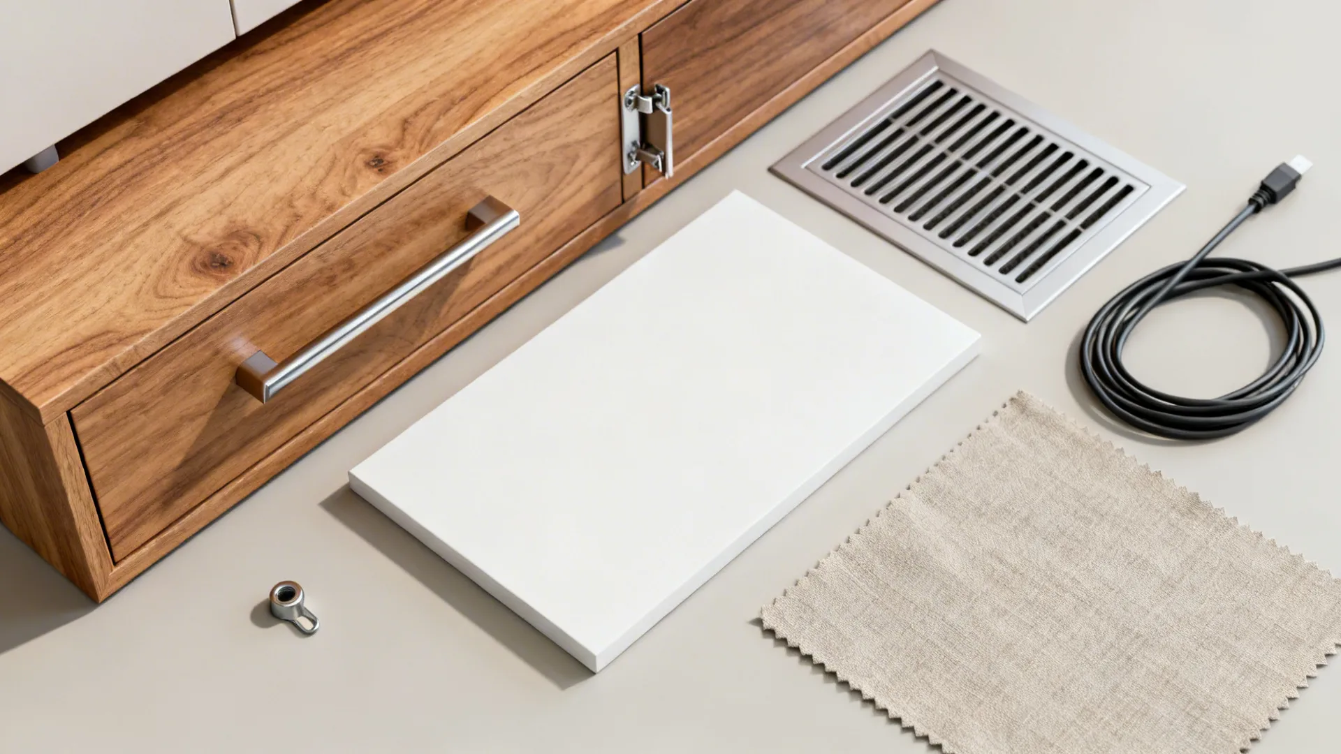 Top-down material samples of oak veneer, matte white lacquer, and hardware for a media sideboard.