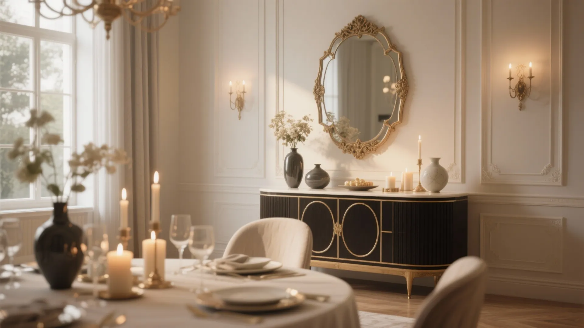 Elegant black cabinet with gold details below a round mirror on a white paneled wall