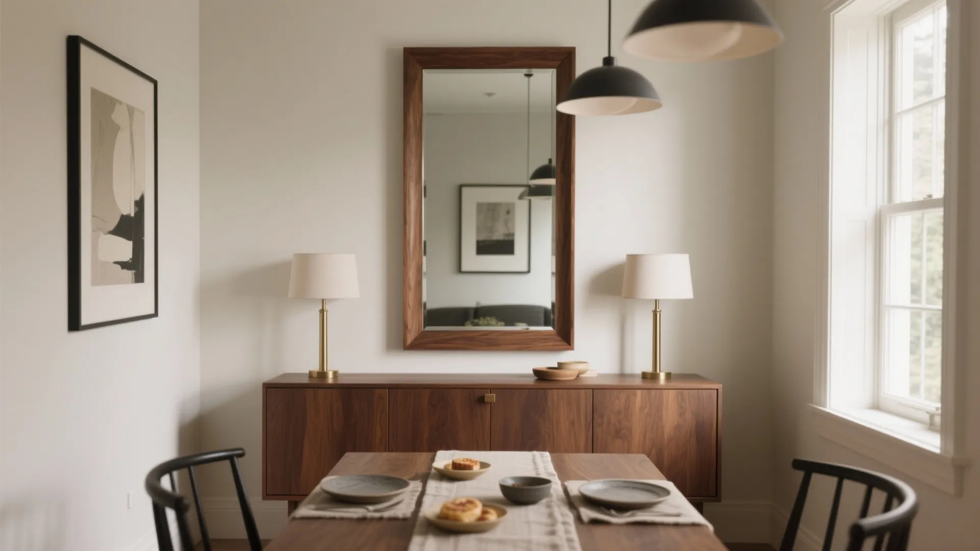 Oversized framed mirror behind the sideboard