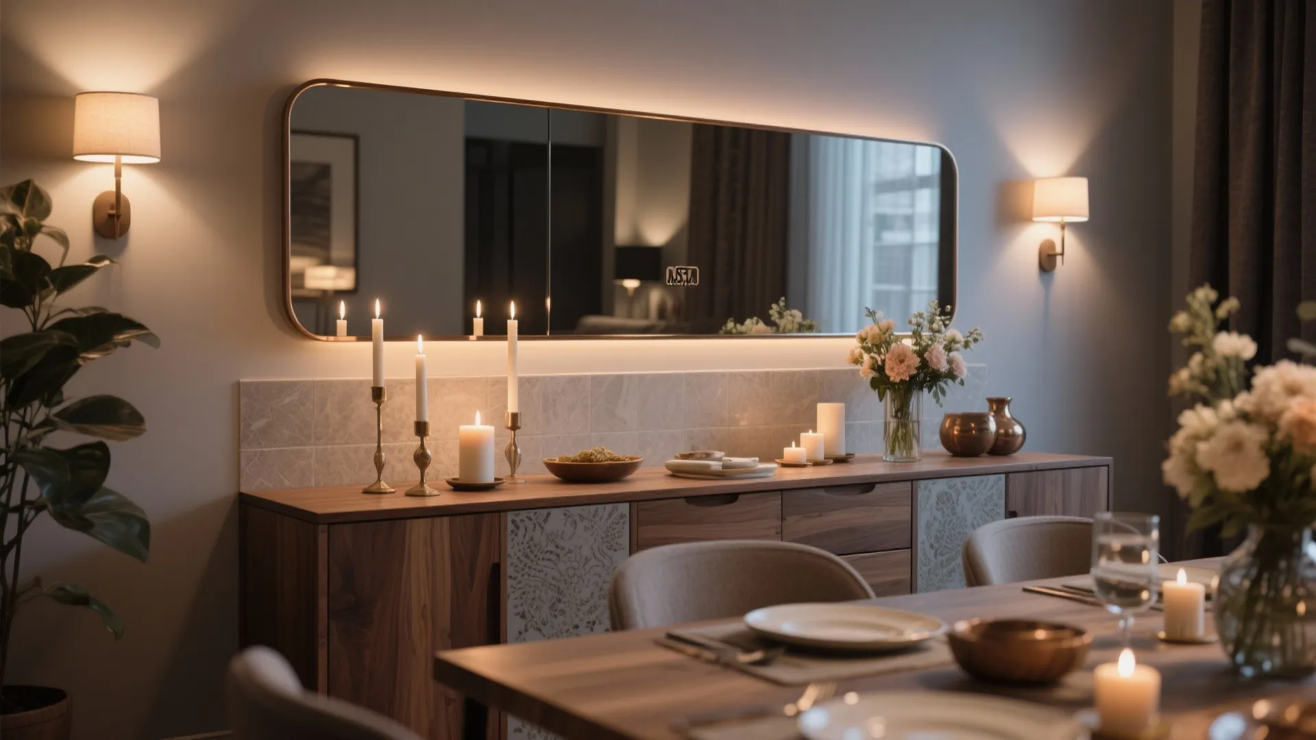 Long wall mirror with backlight above wooden cabinet decorated with candles flowers and wall lights