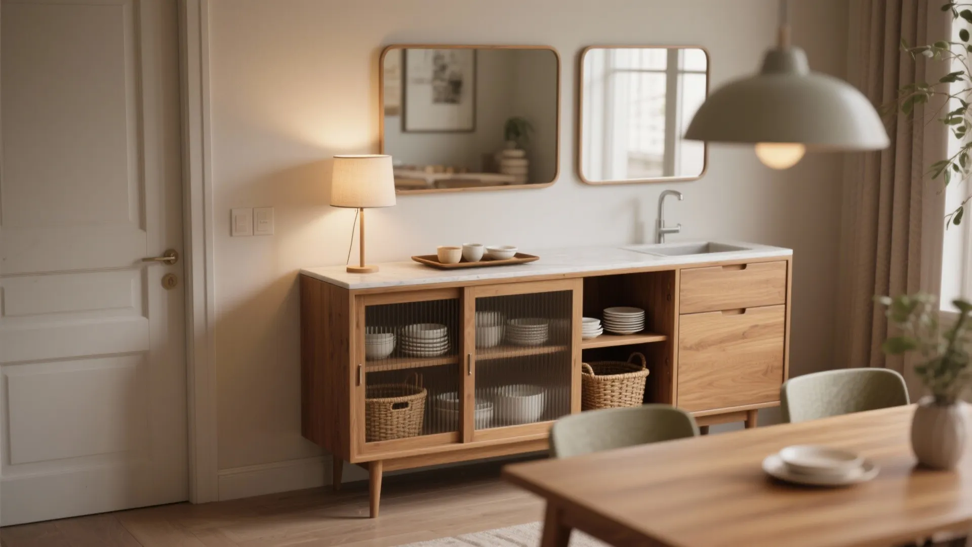 Wooden cabinet with glass doors holding dishes next to a small lamp and wall mirrors