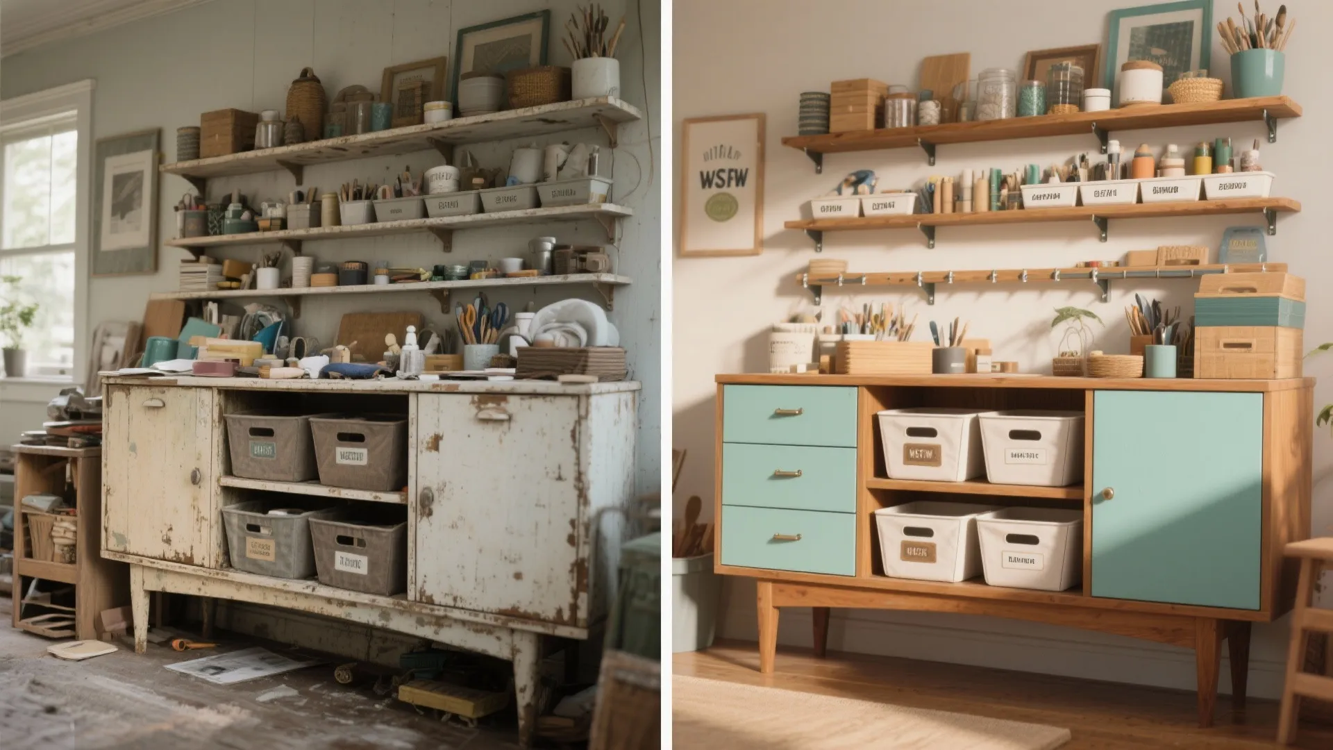 Before and after comparison of a messy old workshop versus a clean renovated green cabinet