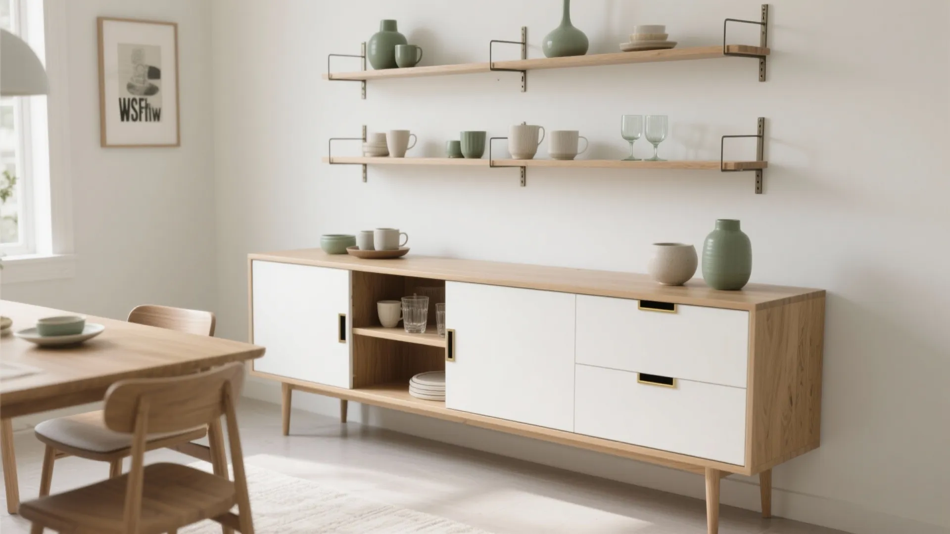 Sideboard + modular shelves (open–closed balance)