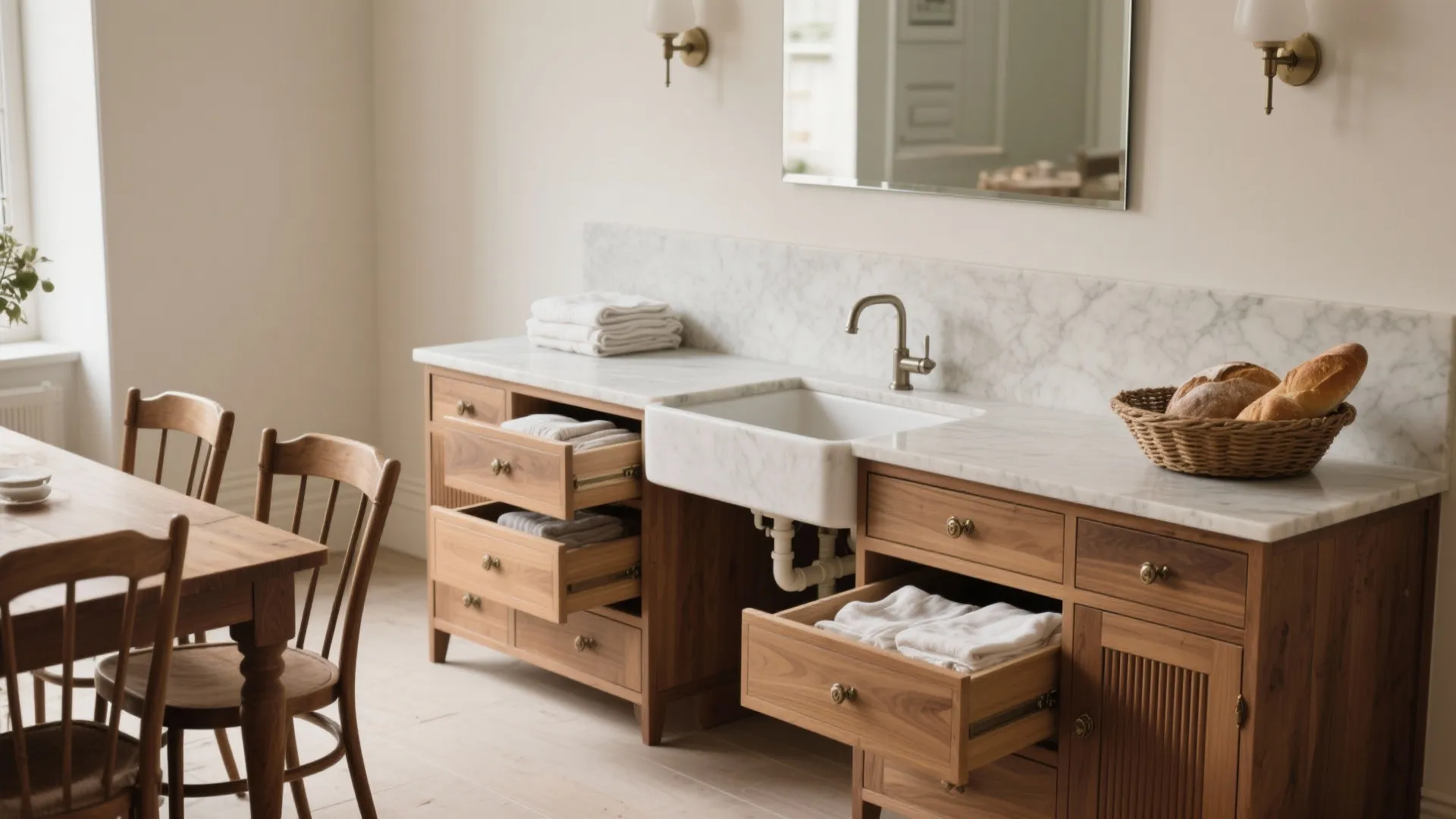 2) Sideboard-look vanity that doubles as a buffet