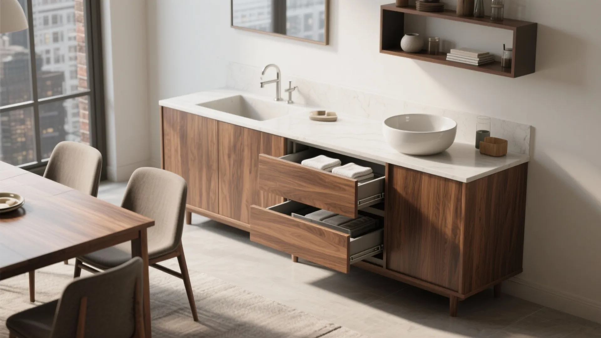 Wooden cabinet with white counter and double sinks next to dining table in modern room