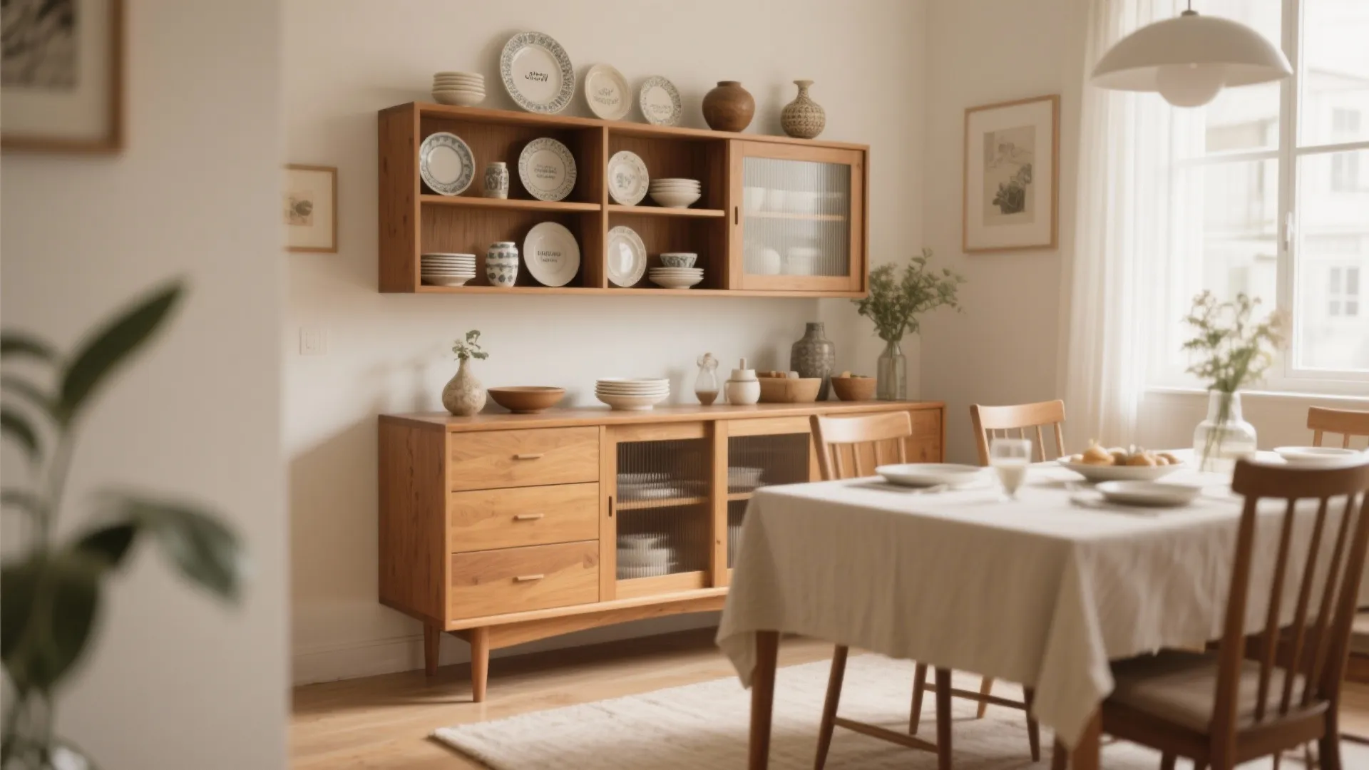 Wooden cabinet with glass doors and matching wall shelves in a bright dining room setting