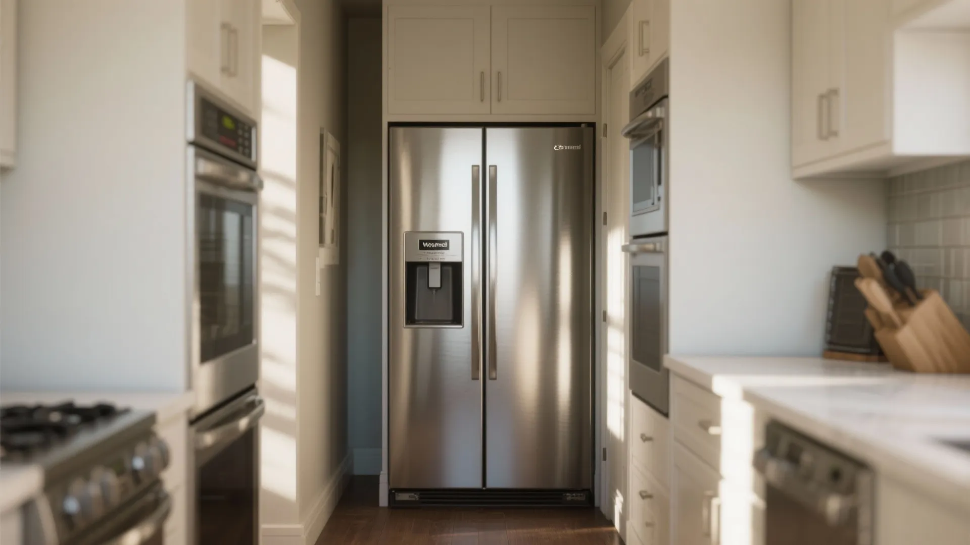 Side-by-side stainless steel fridge in a narrow kitchen