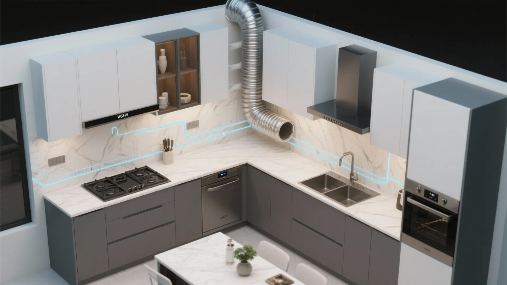 3D interior design drawing of kitchen with grey cabinets and a large silver metal exhaust pipe