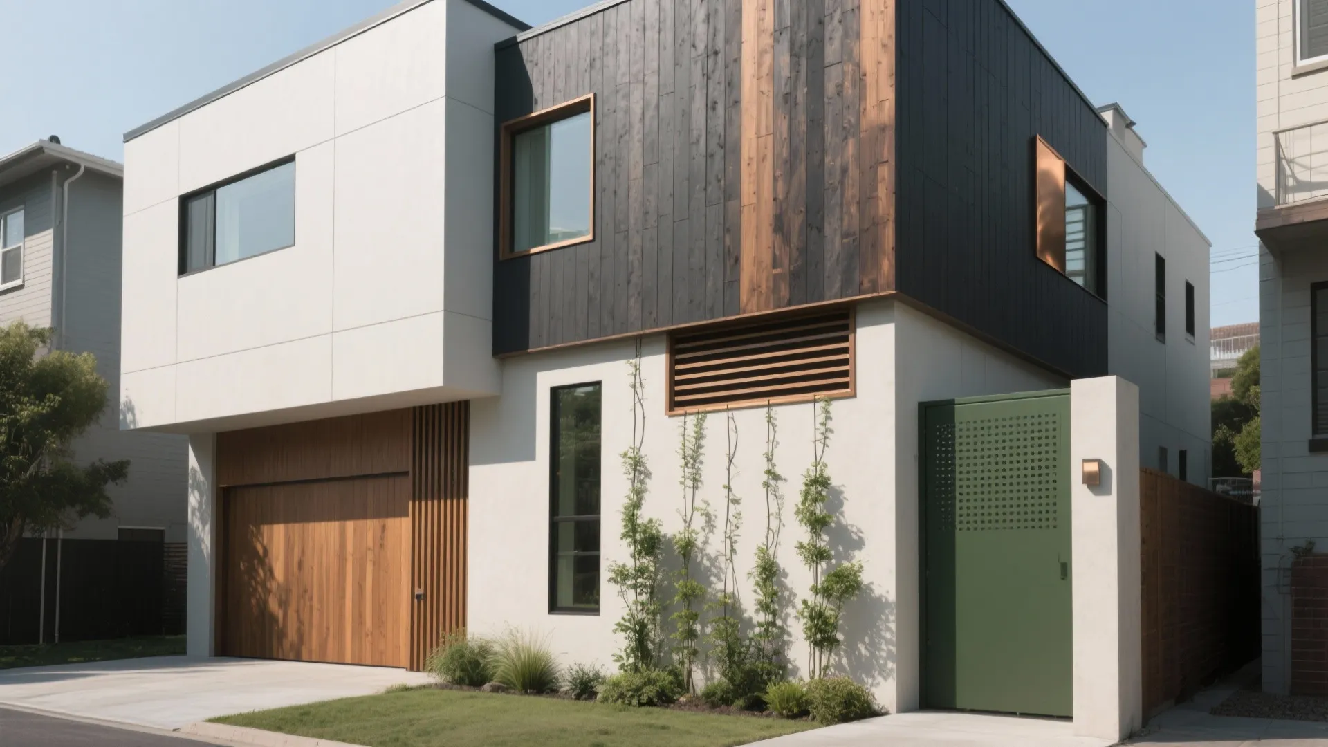 Modern white and black house with wood garage door green gate and small green plants