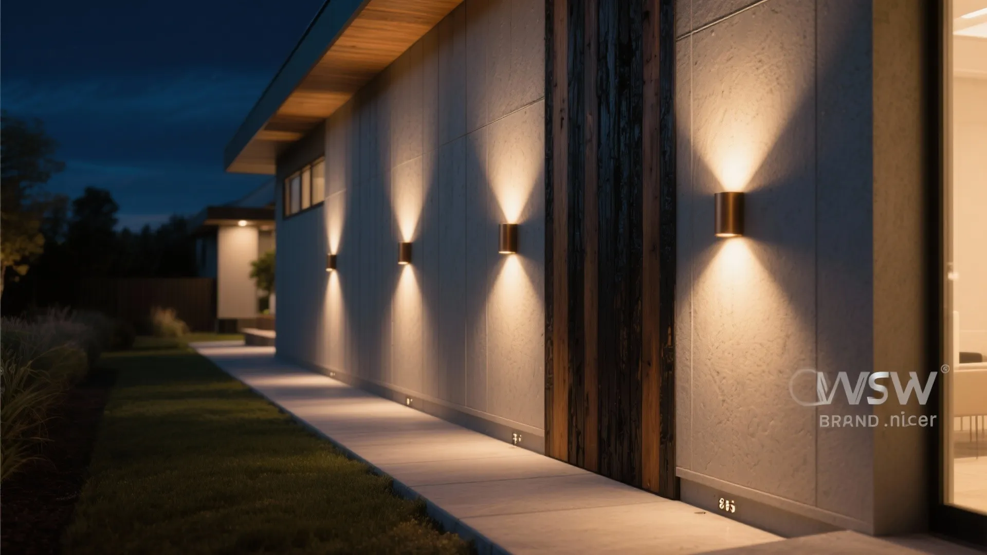Outdoor wall light fixtures glowing on a white stone house wall along a garden path