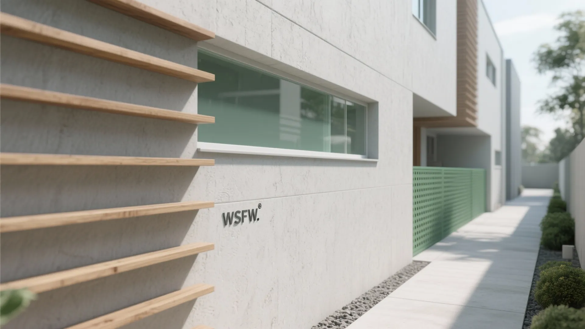 Refined side setback with light wall, texture, translucent glazing, and green screen.