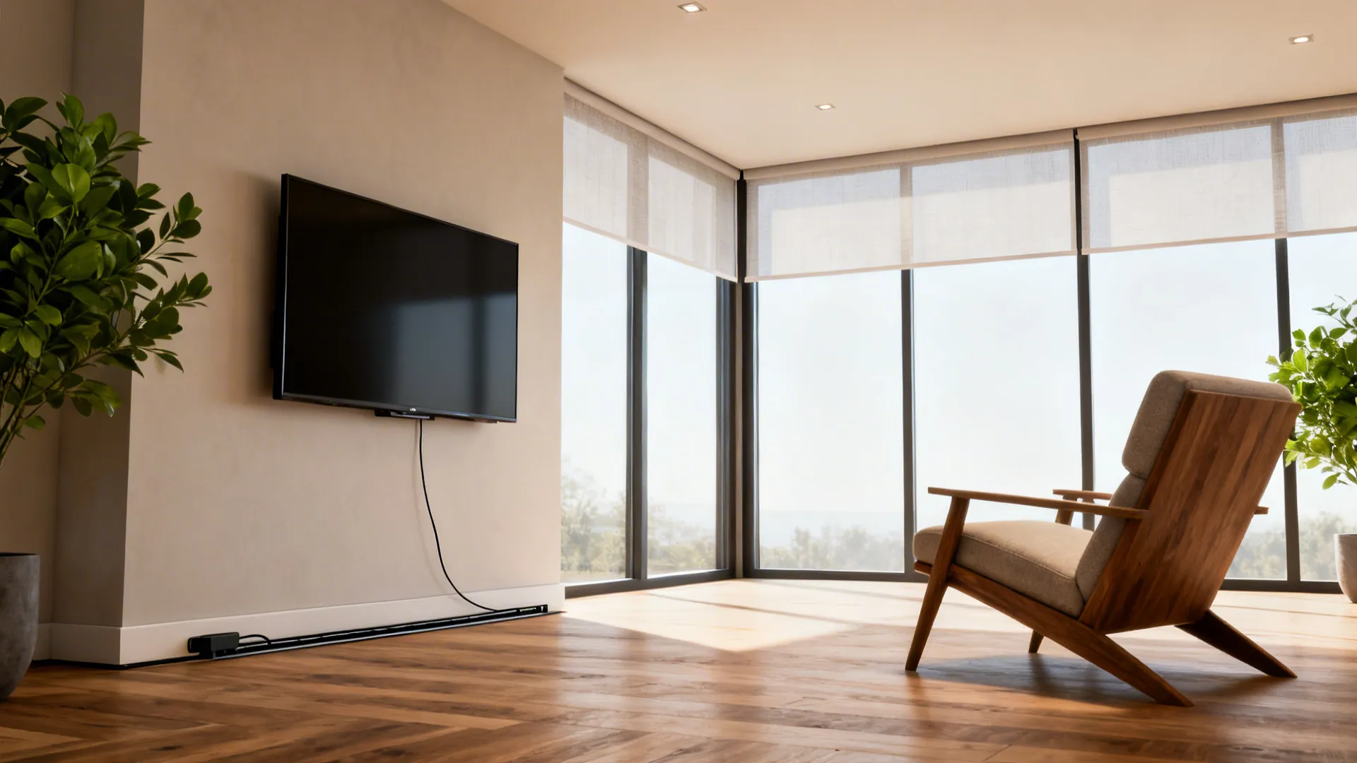 TV mounted on a side wall with seating angled and sheer shades on large windows