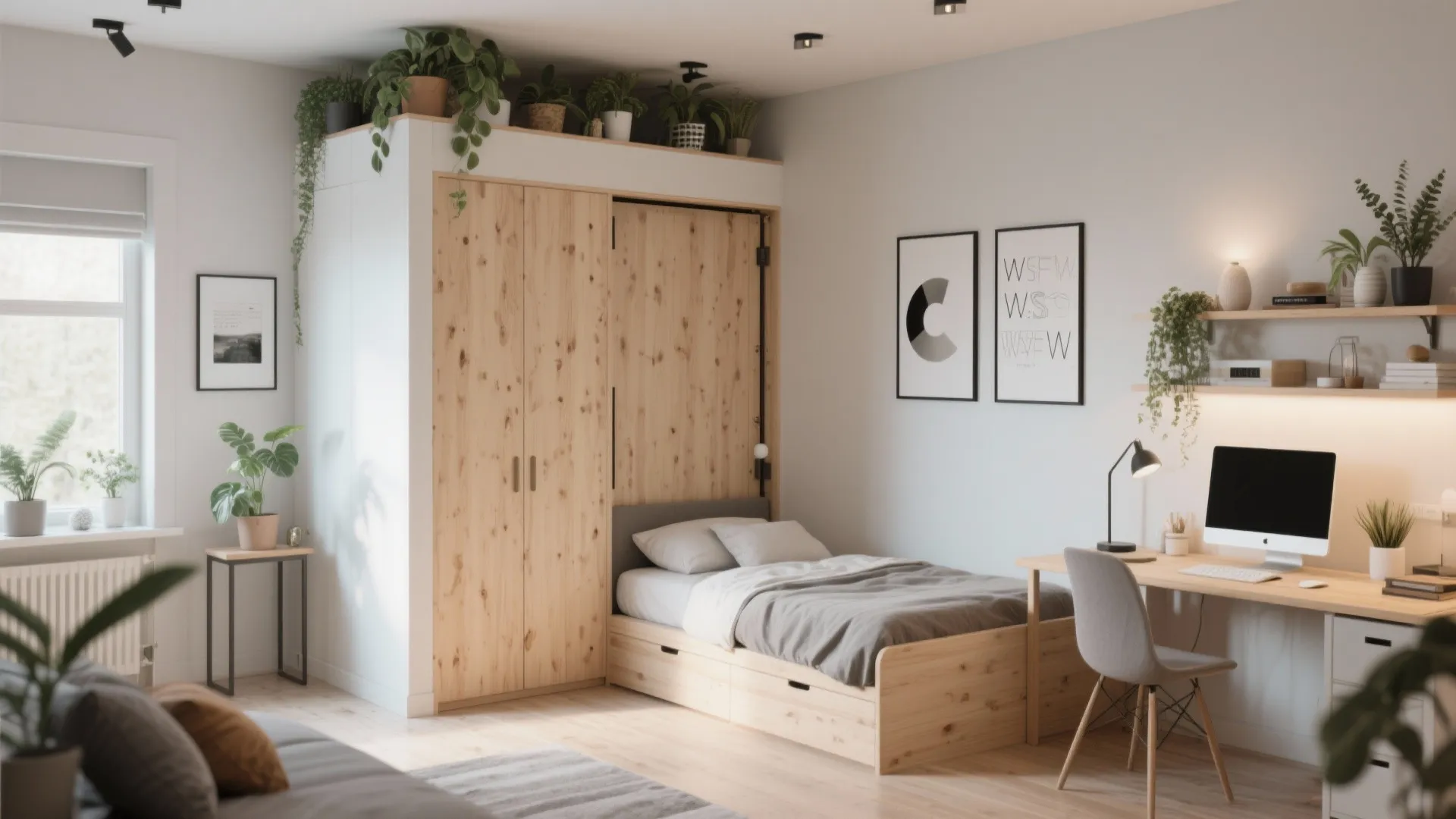 Sideways Murphy bed in a small studio with low ceilings