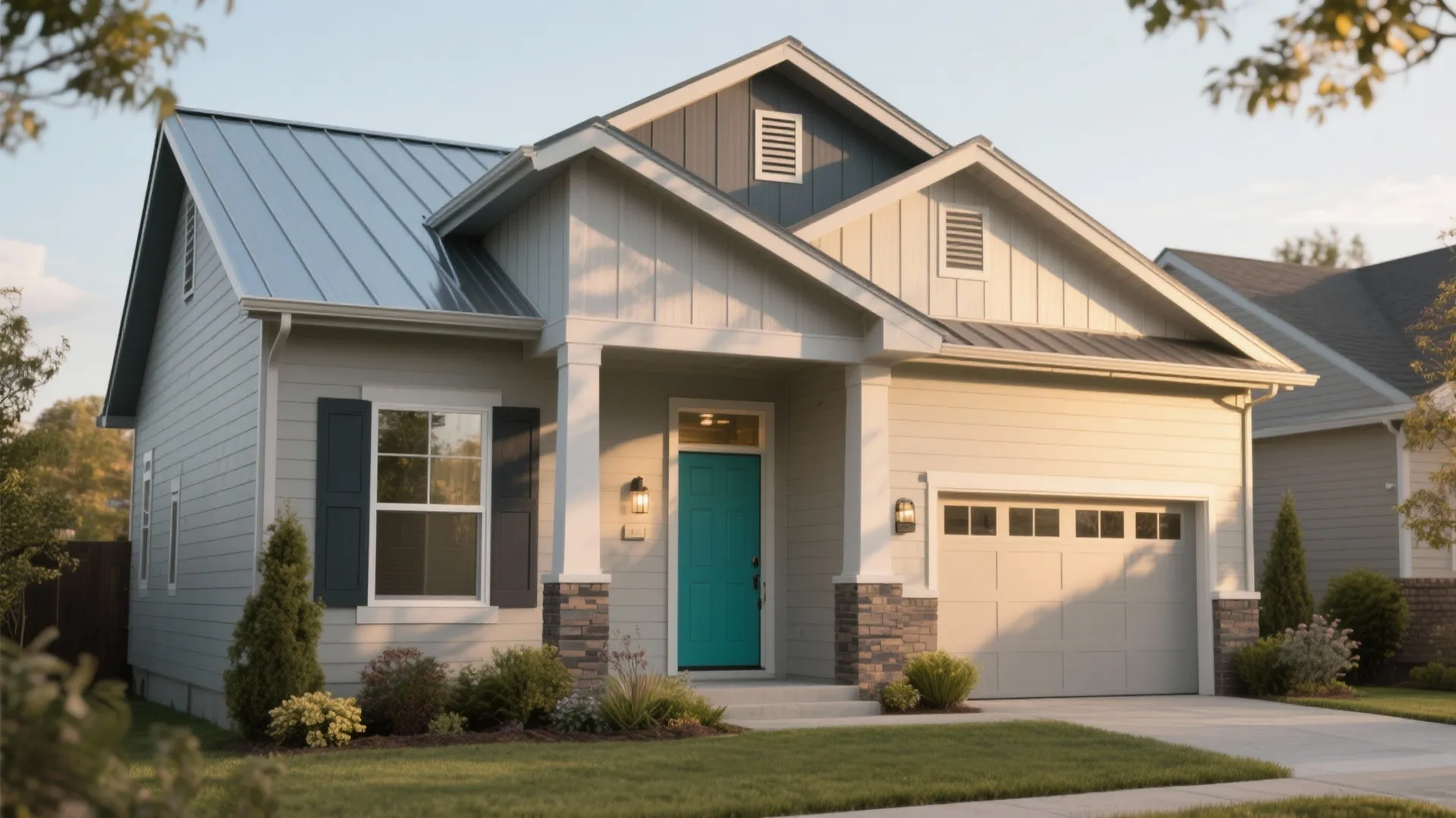 Modern light grey house featuring a bright blue front door and white trim with lawn