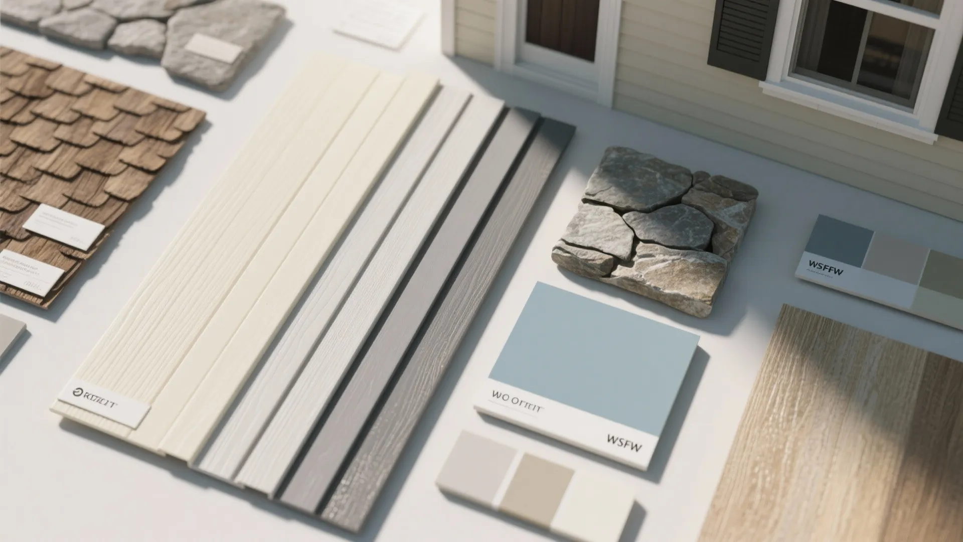 Various house material samples including stone wall panel wood and paint colors on a table