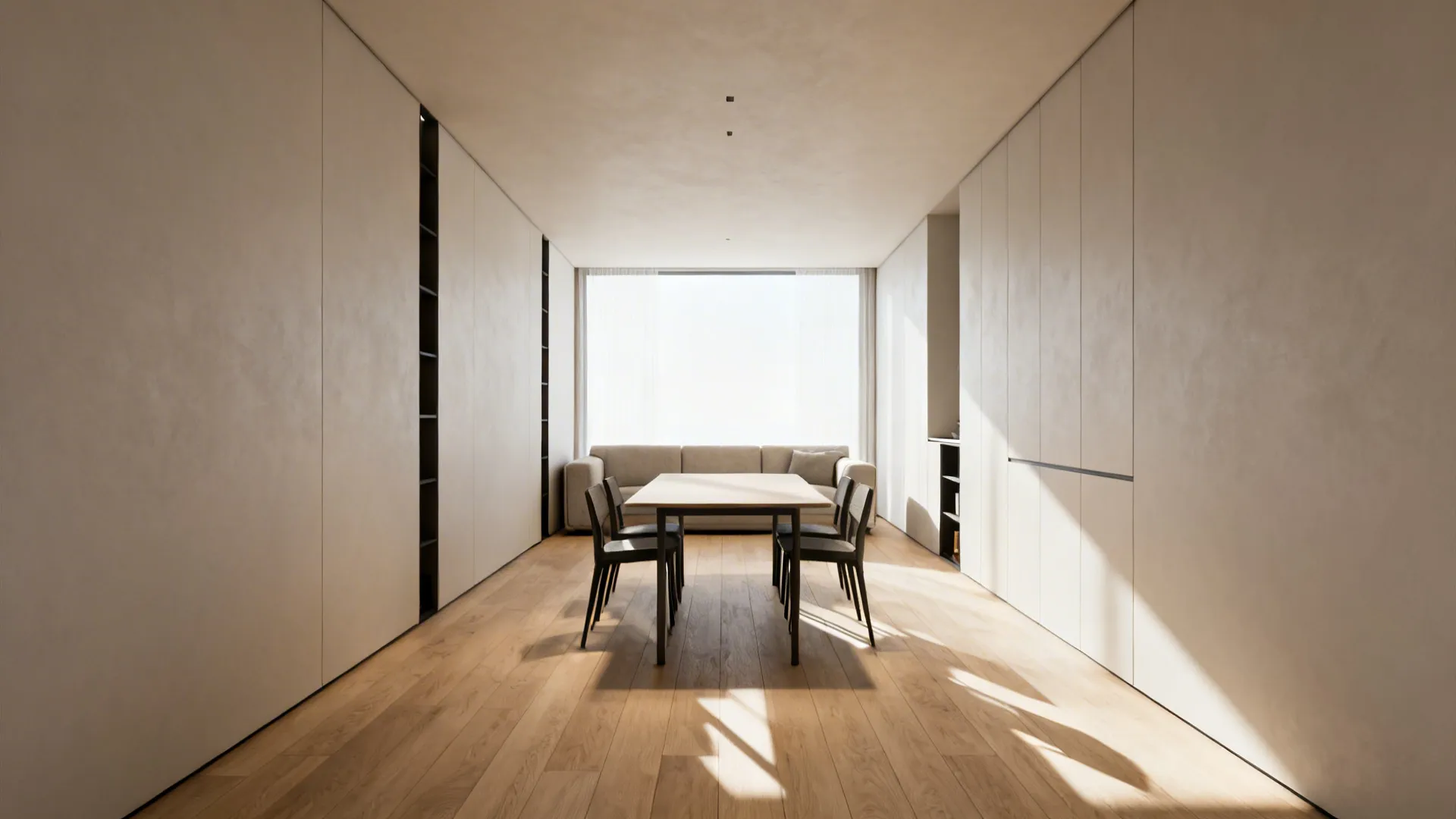 Aligned sofa and narrow dining table creating a clear sightline through a narrow living-dining combo.