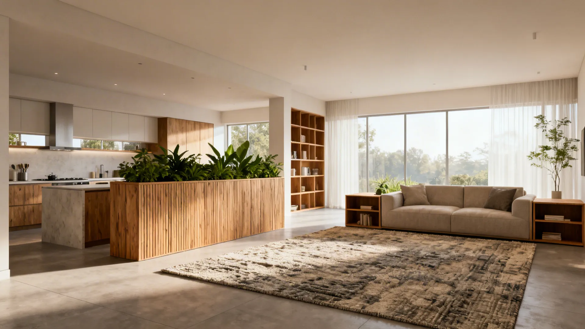 Knee-high planter wall and large rug creating subtle sightline boundaries in an open-plan interior.