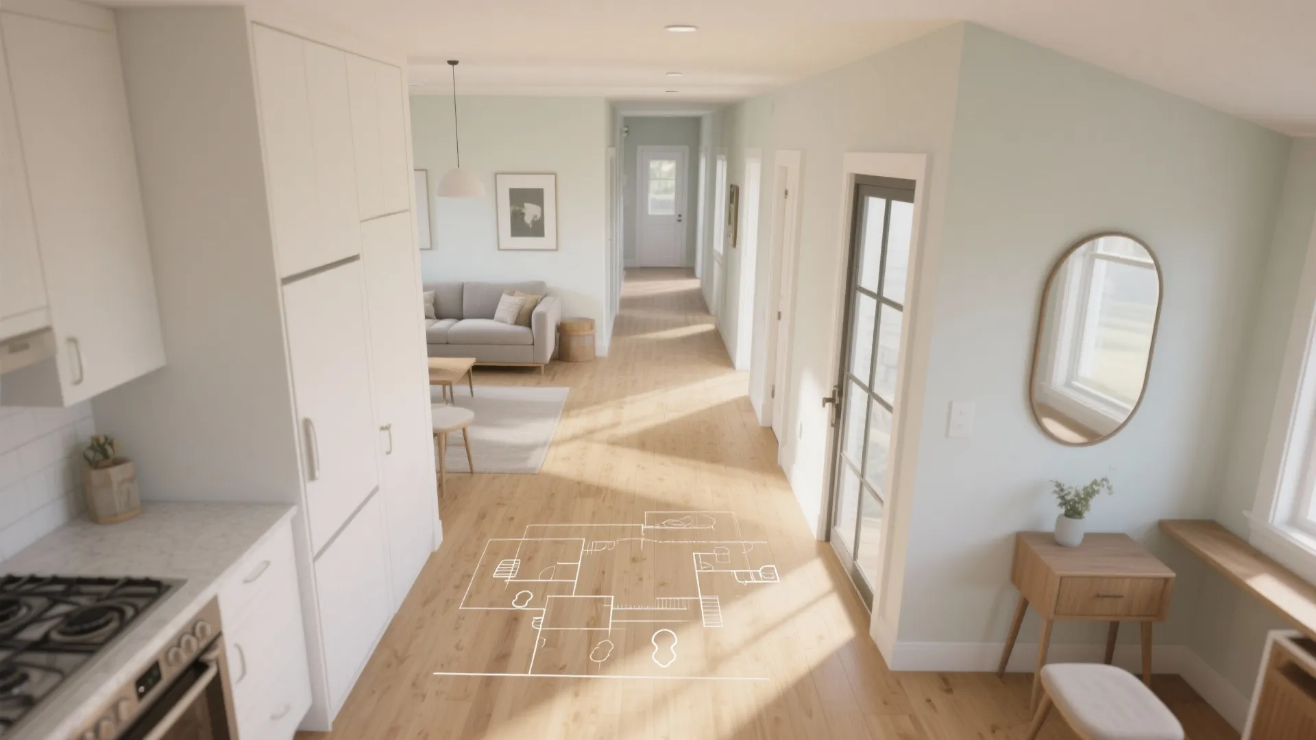 Continuous flooring and light palette creating long sightlines and the illusion of space in a small home