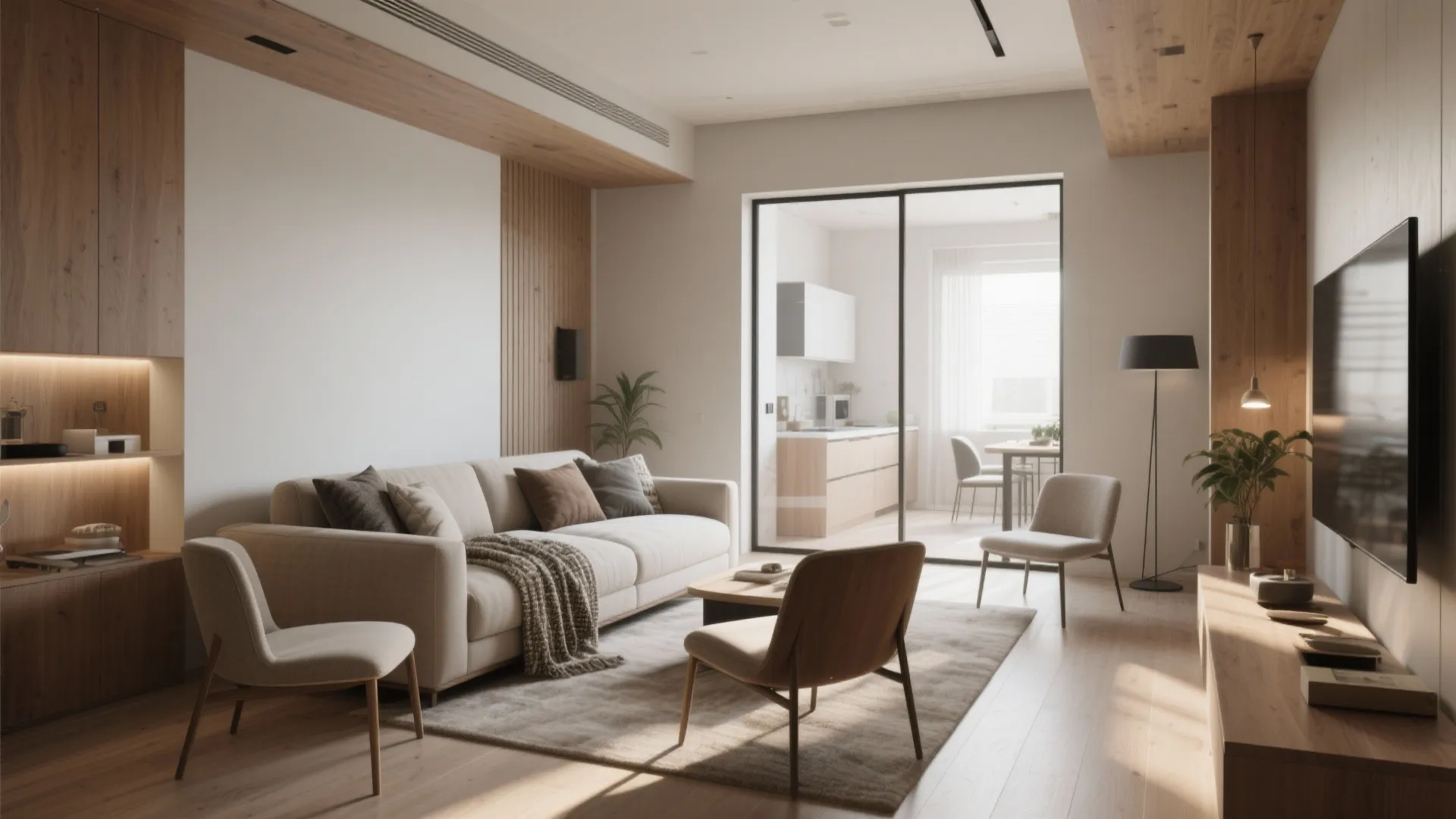 Modern living room with beige sofa wooden wall panel television floor lamp and kitchen view