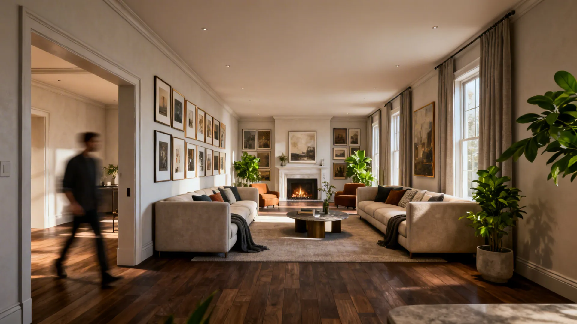 Classic living room with fireplace two large sofas many wall pictures and dark wood flooring