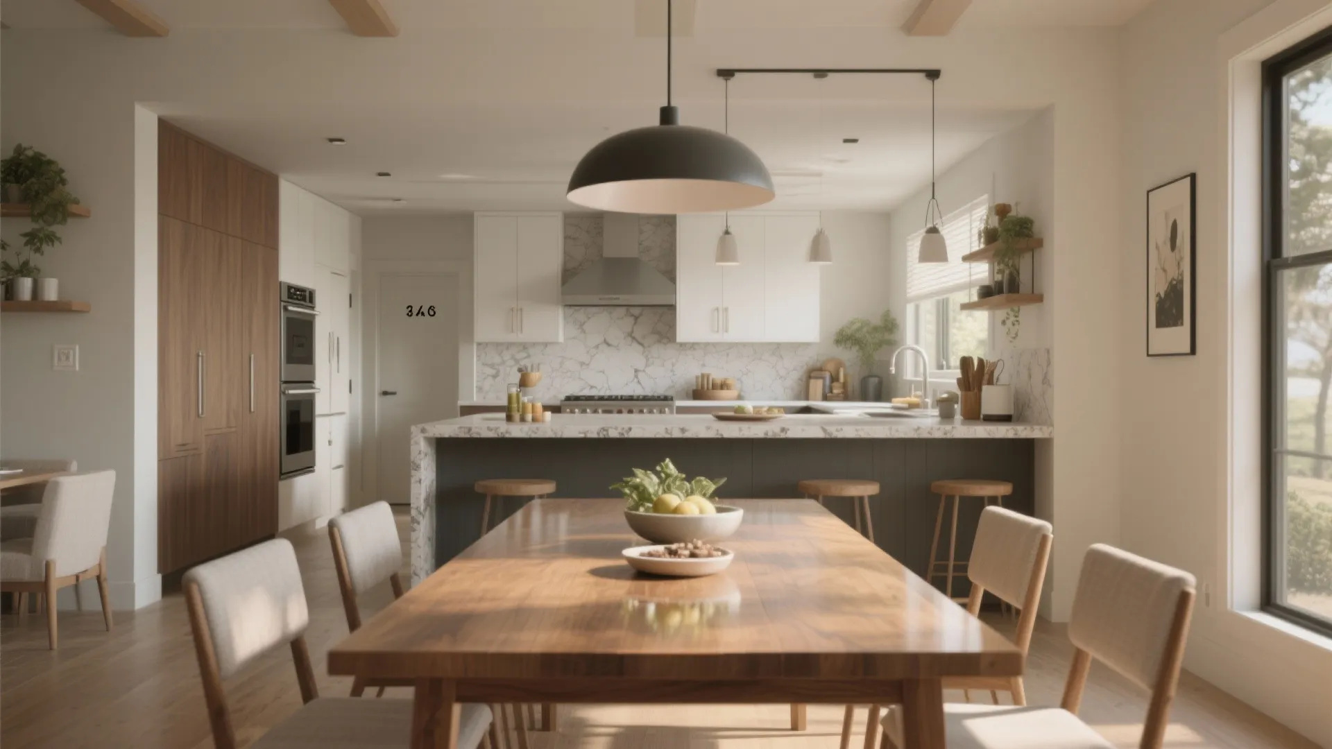 Open-plan view aligning a 14 x 16 dining table toward the kitchen island, showing clear circulation and service paths.