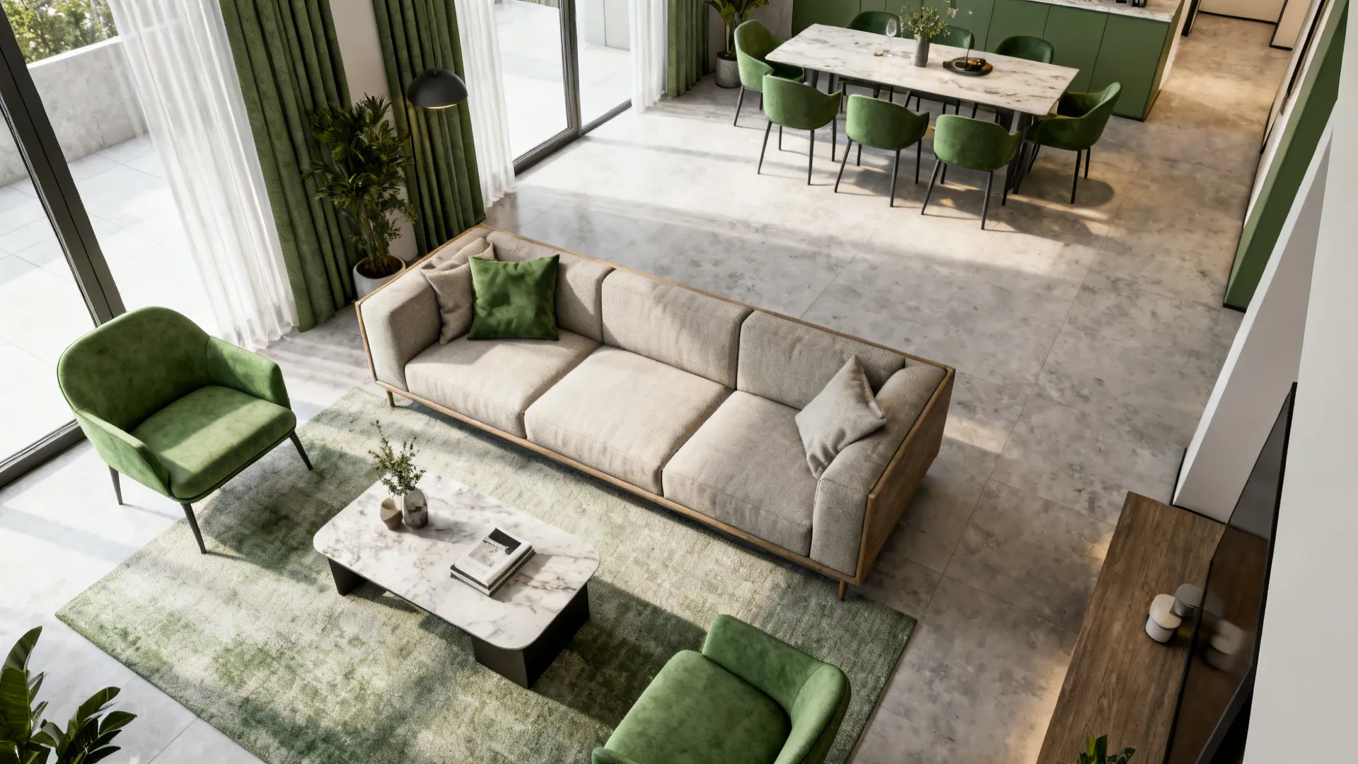 High angle interior design drawing with beige sofa green chairs marble table and large windows