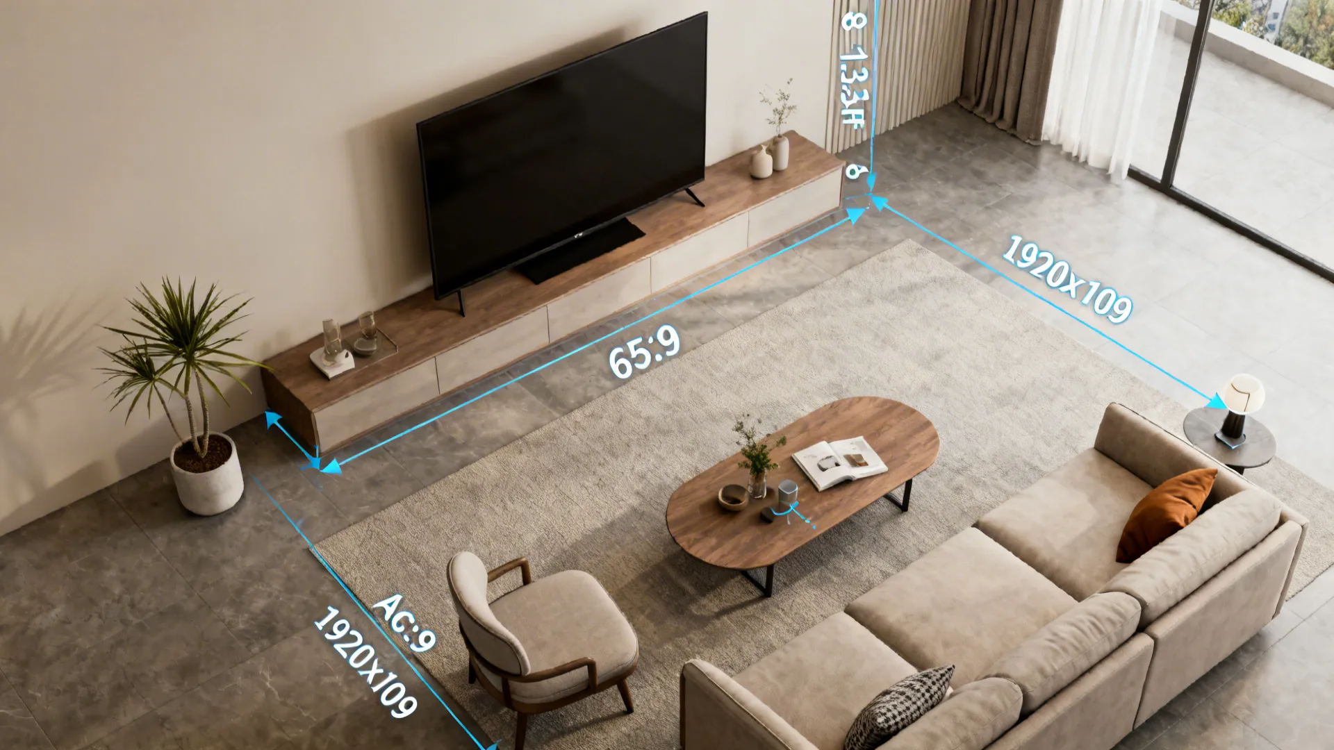 Top-down living room mockup showing sightlines and viewing distance recommendations for a 65-inch TV.