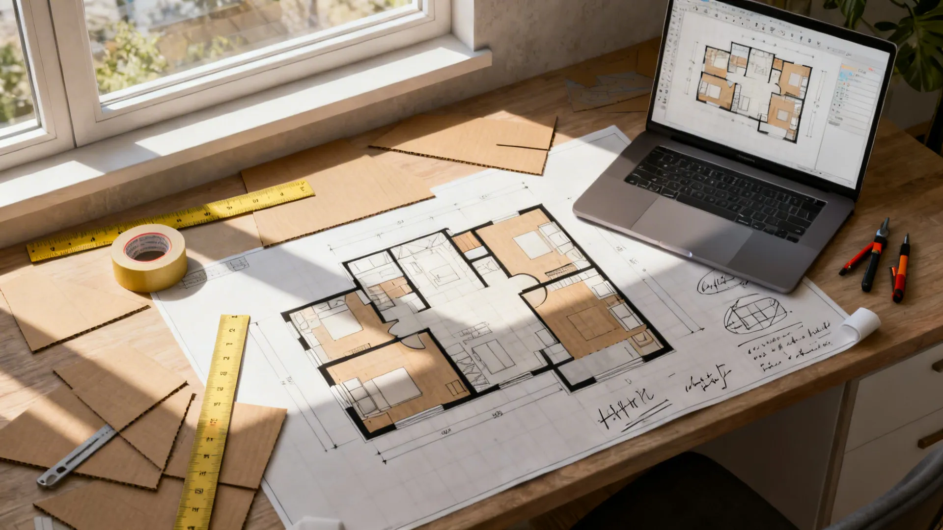 Top-down view of cardboard sightline mockups and a laptop with a 3D floor planner for kitchen-living renovation