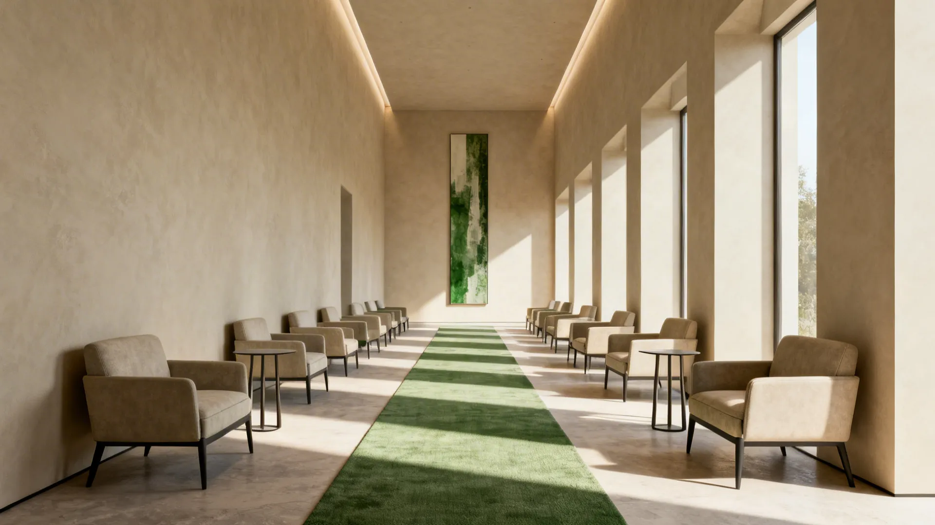 Seating and a long rug oriented toward the room's depth to emphasize length in a narrow living room.