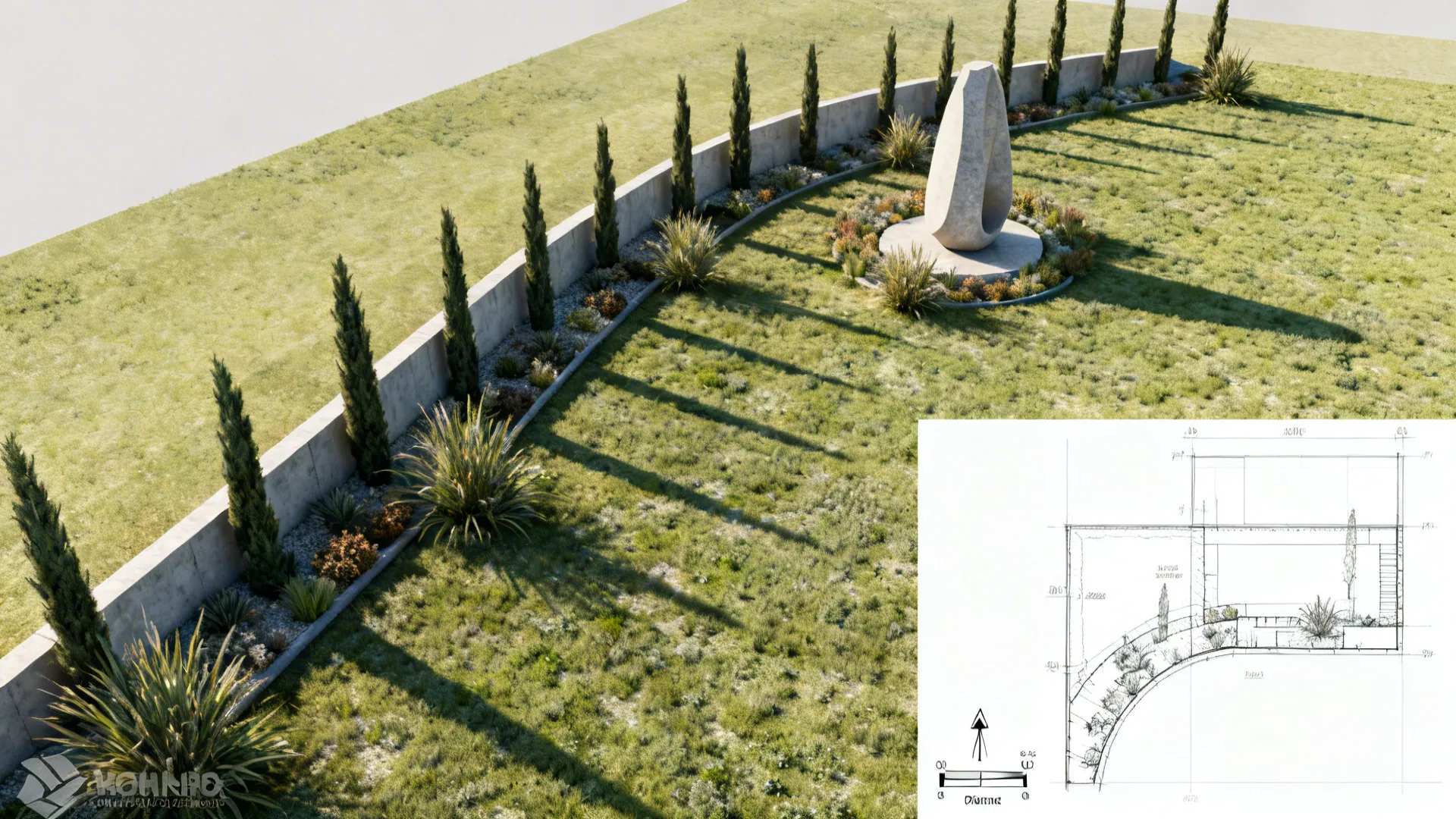 Interior design drawing showing a garden layout with tall trees and a stone sculpture feature piece