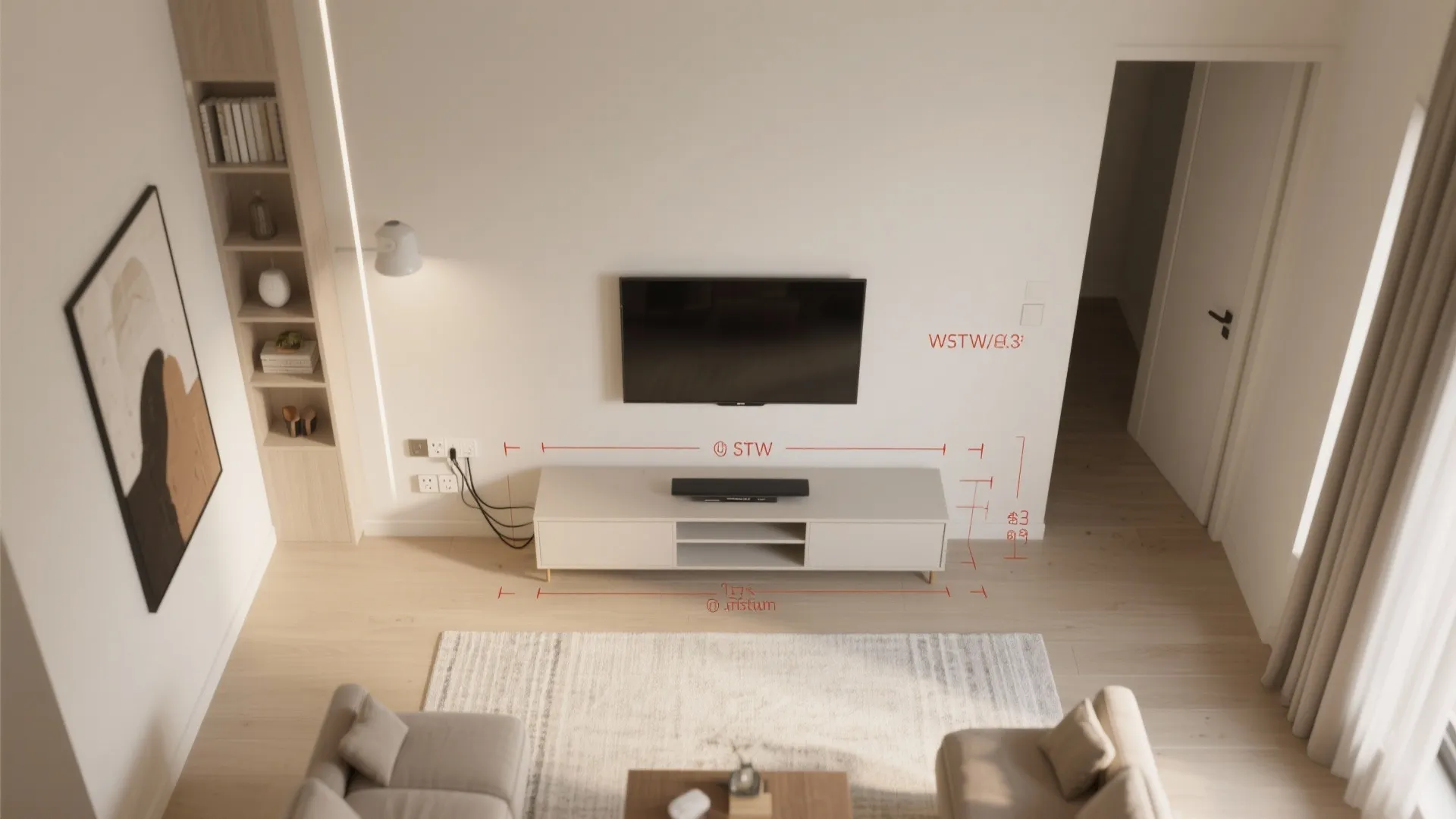 Top-down layout showing TV height, console placement, cable routing, and clear walkways.