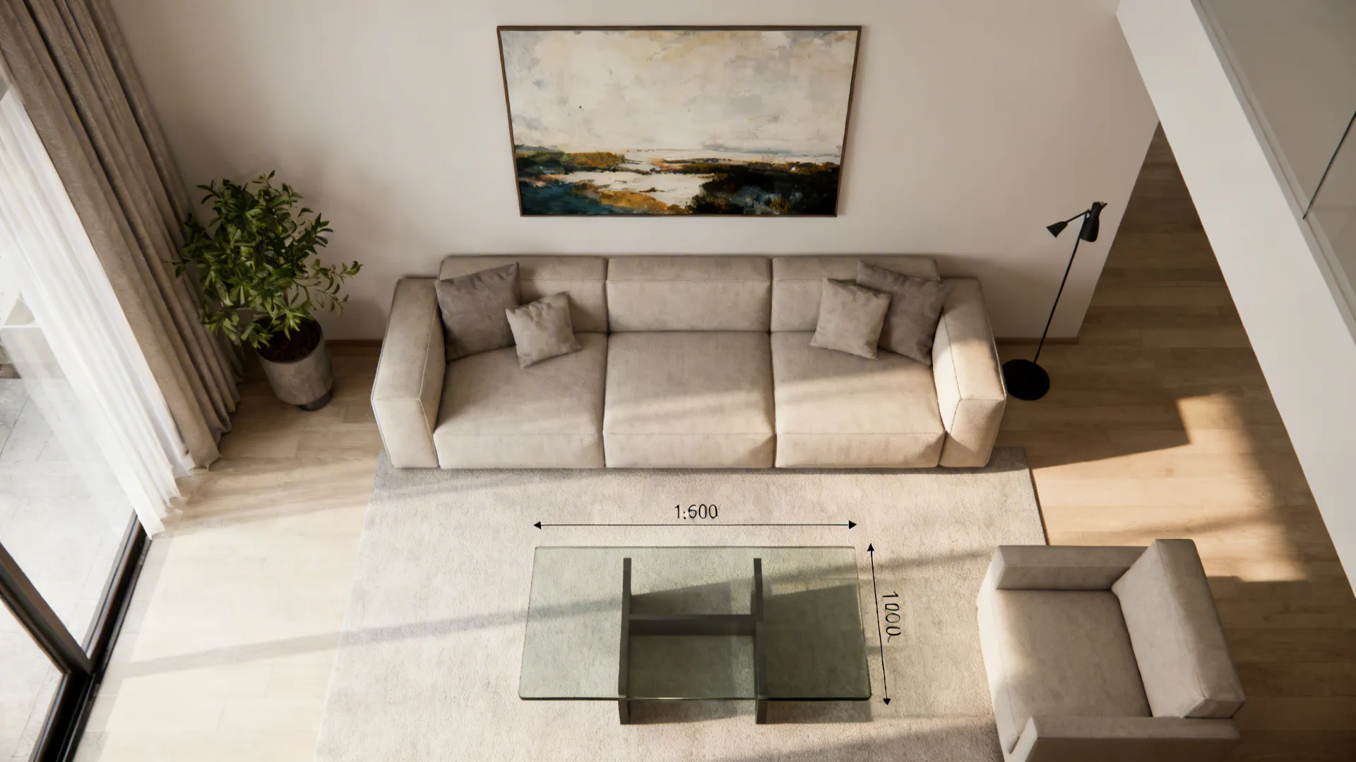 Top-down layout showing sightline from seated eye level to focal point with a low glass coffee table